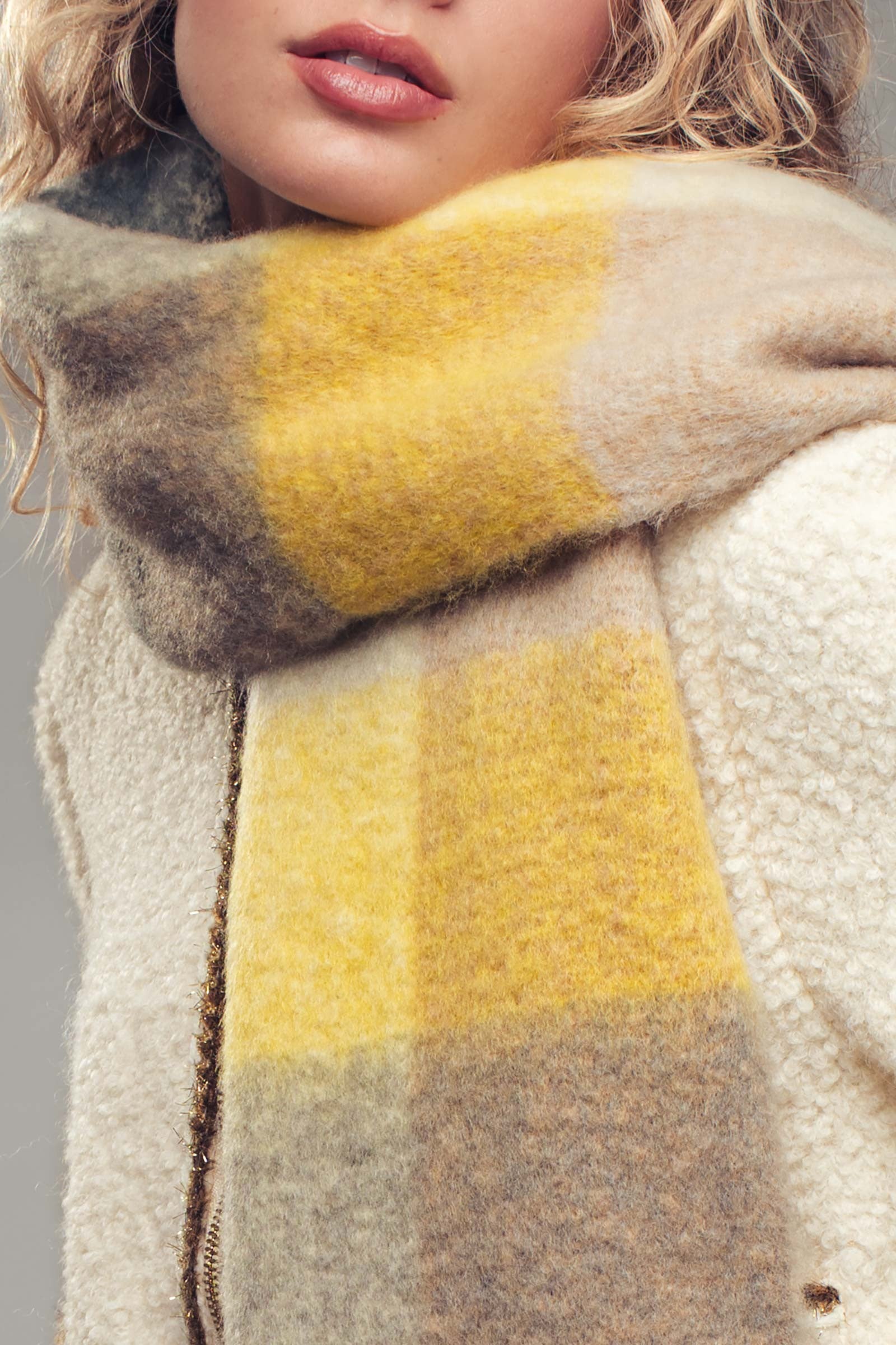 Oversized Checkered Fuzzy Fringe Scarf in Yellow Multi - Women's Long Scarves | Urban Daizy