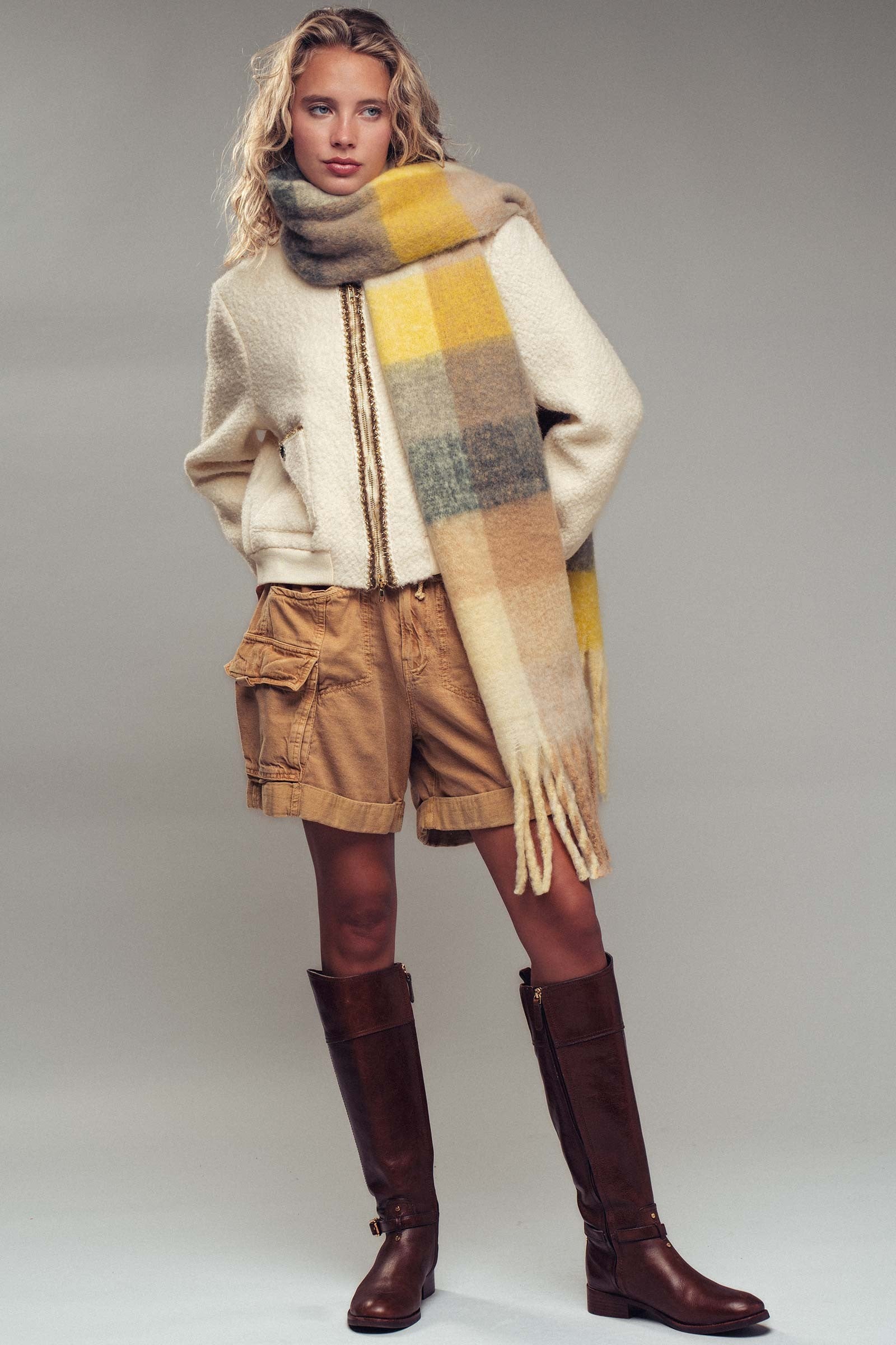 Oversized Checkered Fuzzy Fringe Scarf in Yellow Multi - Women's Long Scarves | Urban Daizy