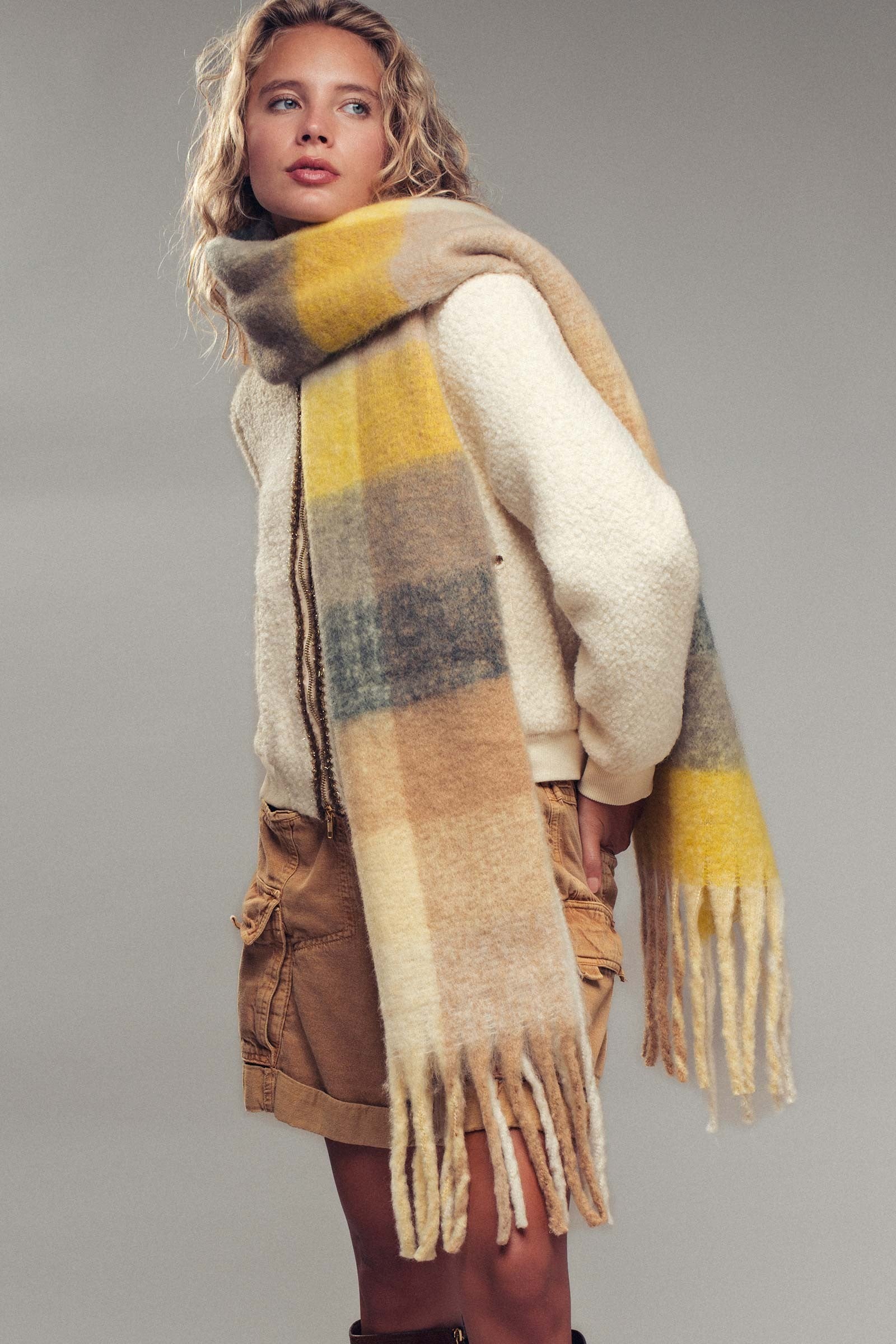 Oversized Checkered Fuzzy Fringe Scarf in Yellow Multi - Women's Long Scarves | Urban Daizy