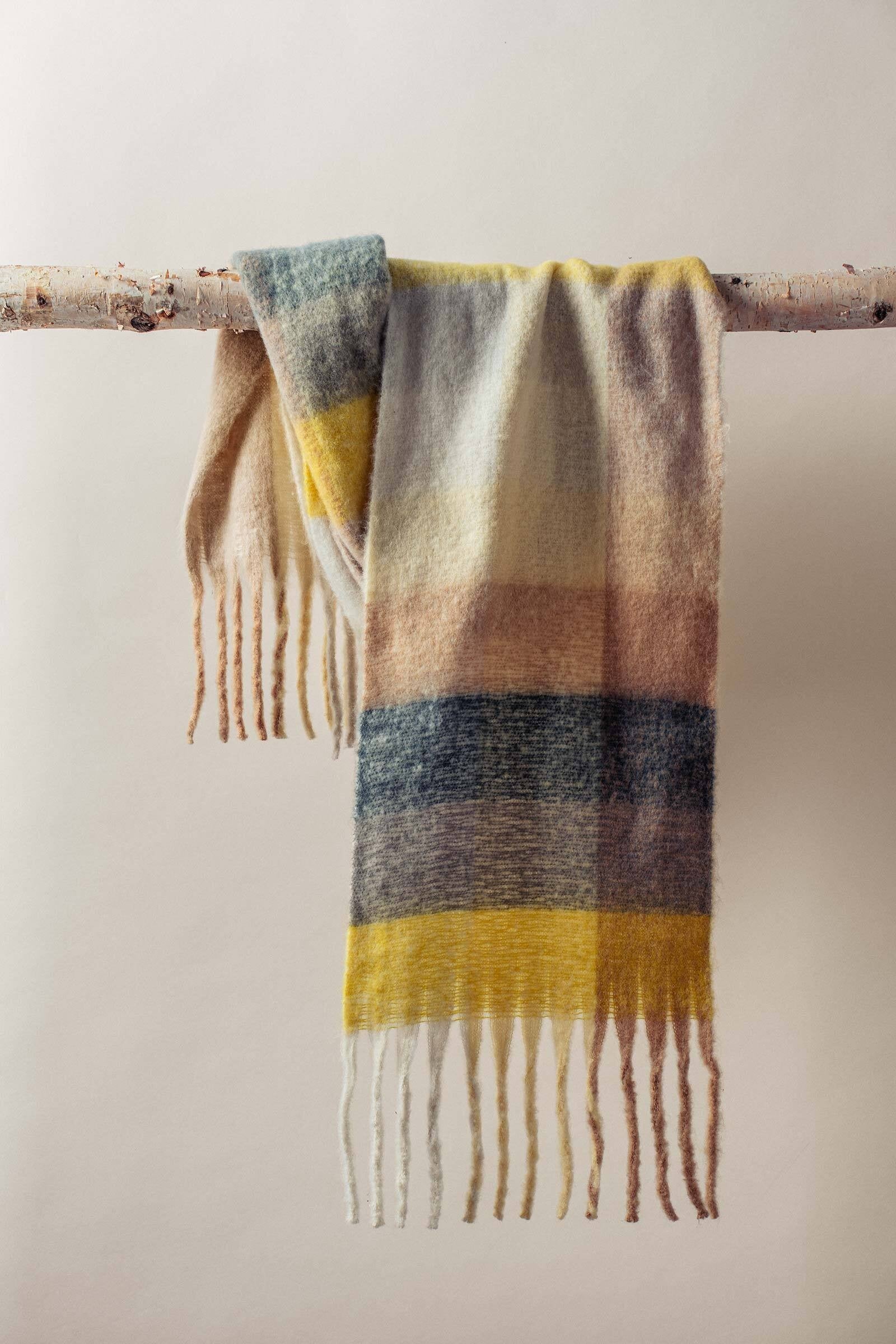 Oversized Checkered Fuzzy Fringe Scarf in Yellow Multi - Women's Long Scarves | Urban Daizy