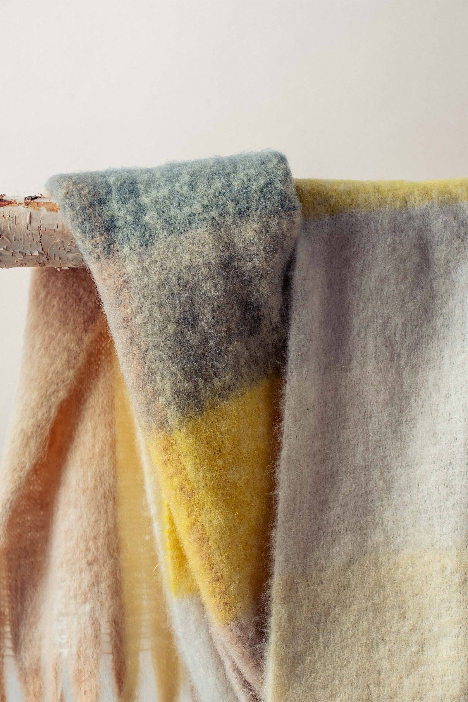 Oversized Checkered Fuzzy Fringe Scarf in Yellow Multi - Women's Long Scarves | Urban Daizy
