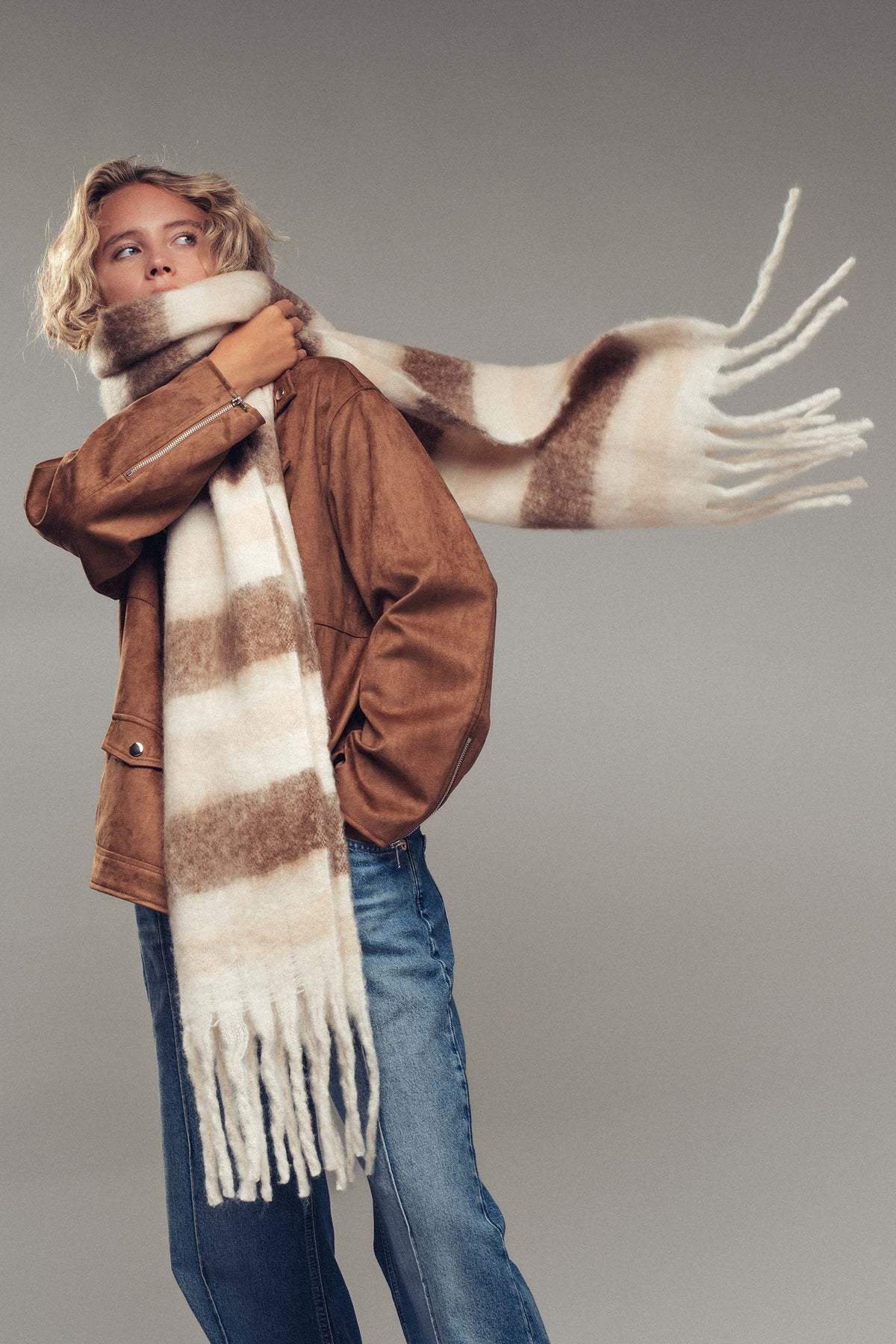 Striped Fringe  Scarf in Brown - Women's Long Scarves | Urban Daizy