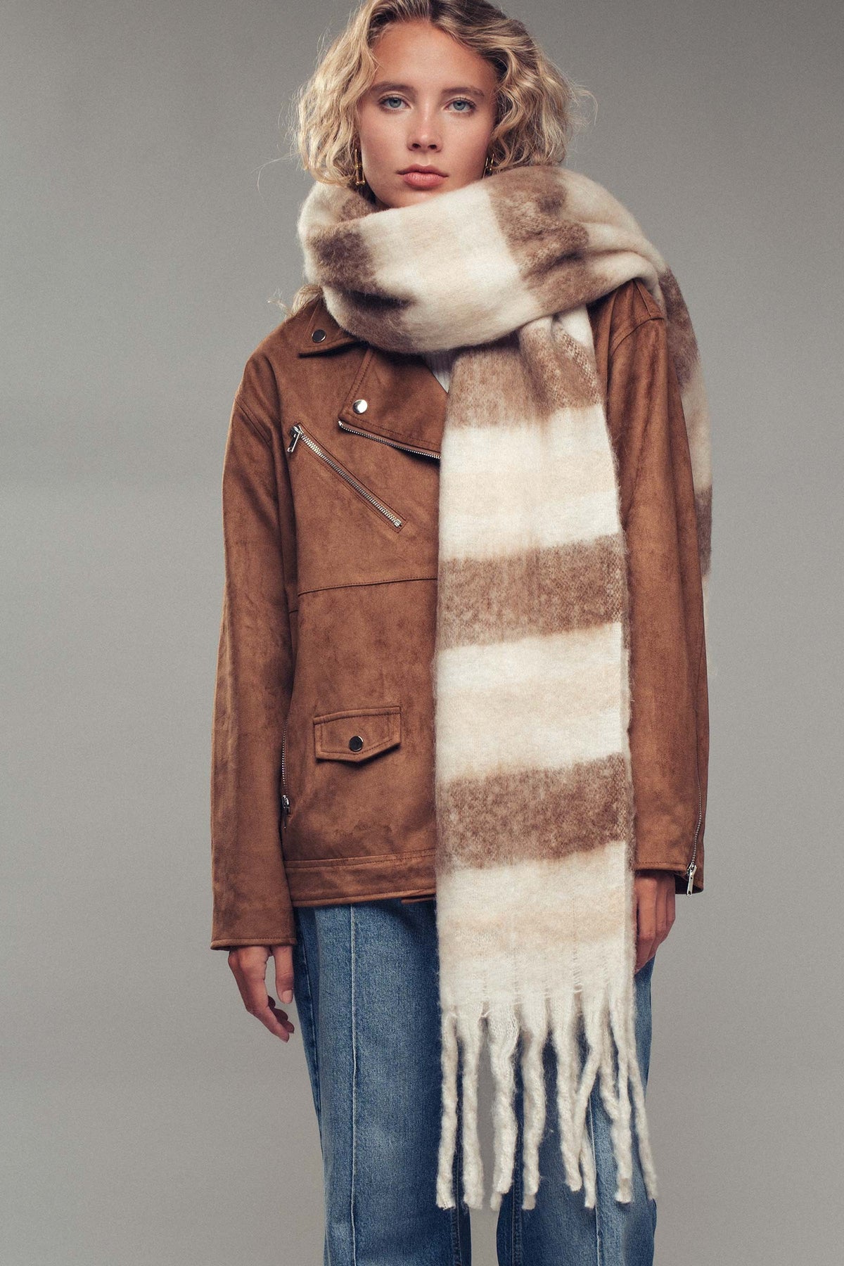 Striped Fringe  Scarf in Brown - Women's Long Scarves | Urban Daizy