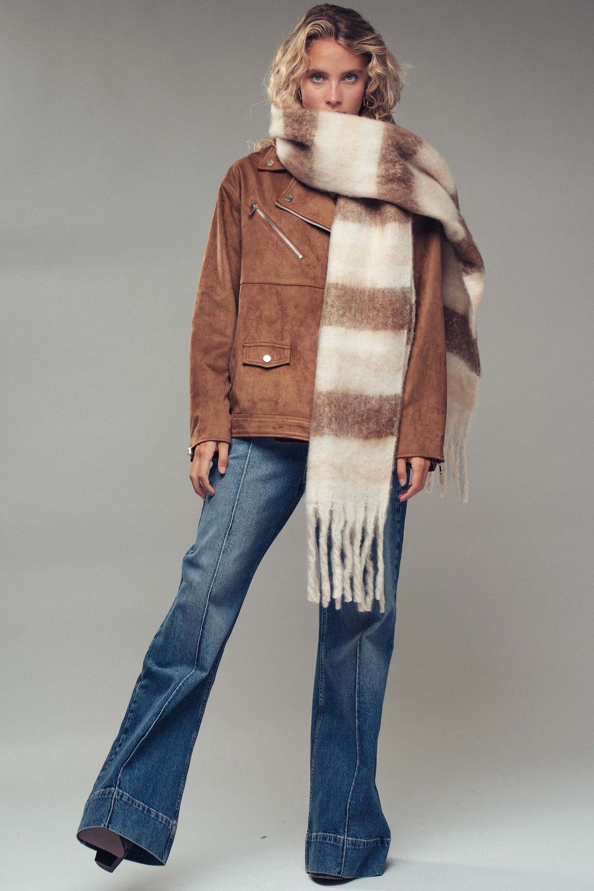 Striped Fringe  Scarf in Brown - Women's Long Scarves | Urban Daizy