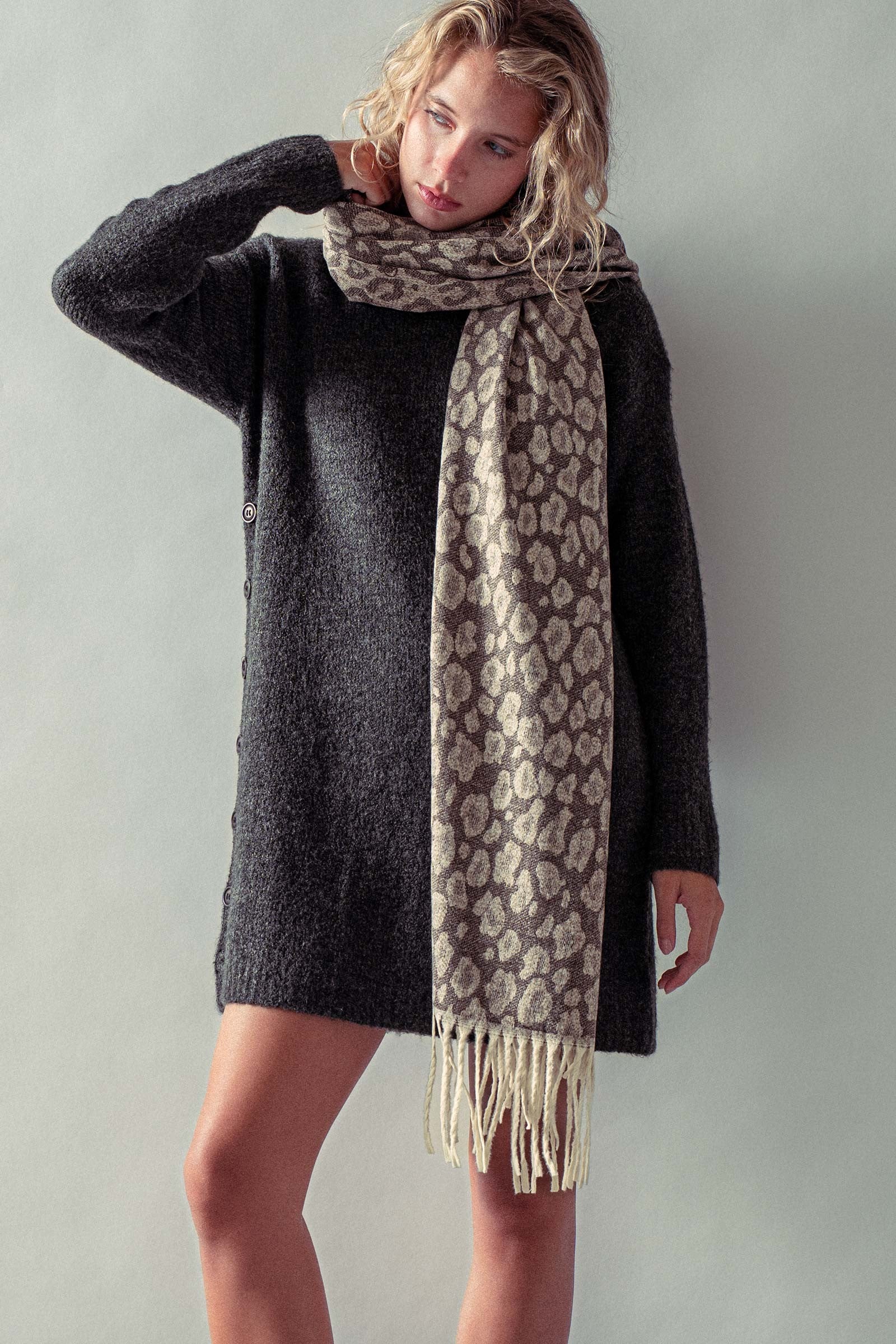 Leopard Jacquard Knit Fringe Scarf in Taupe - Women's Long Scarves | Urban Daizy