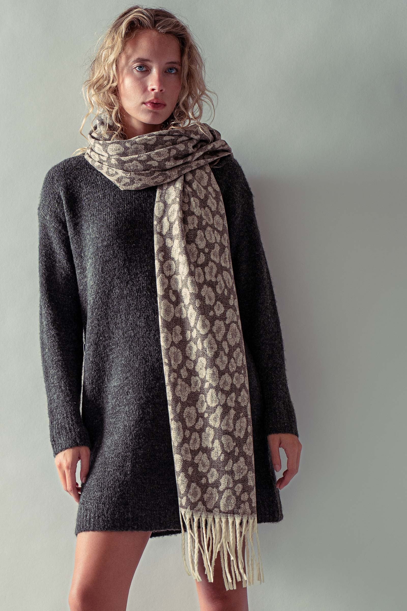 Leopard Jacquard Knit Fringe Scarf in Taupe - Women's Long Scarves | Urban Daizy