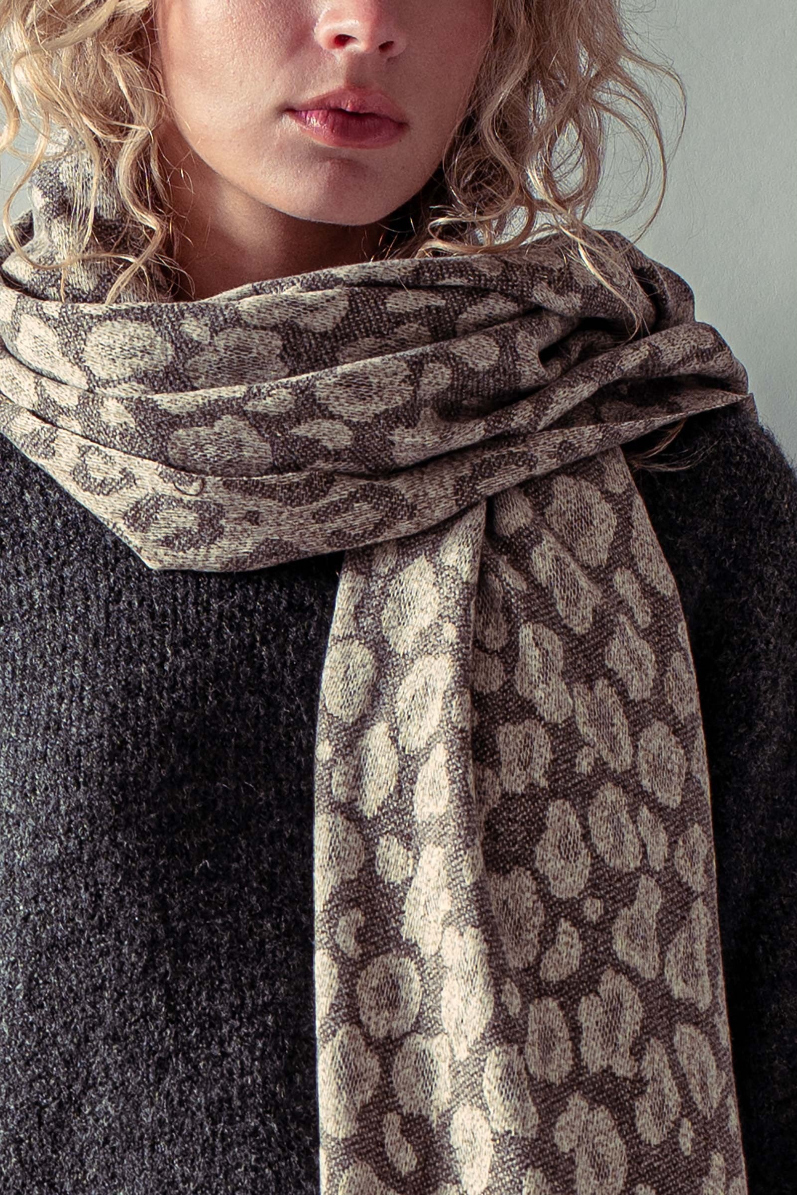 Leopard Jacquard Knit Fringe Scarf in Taupe - Women's Long Scarves | Urban Daizy