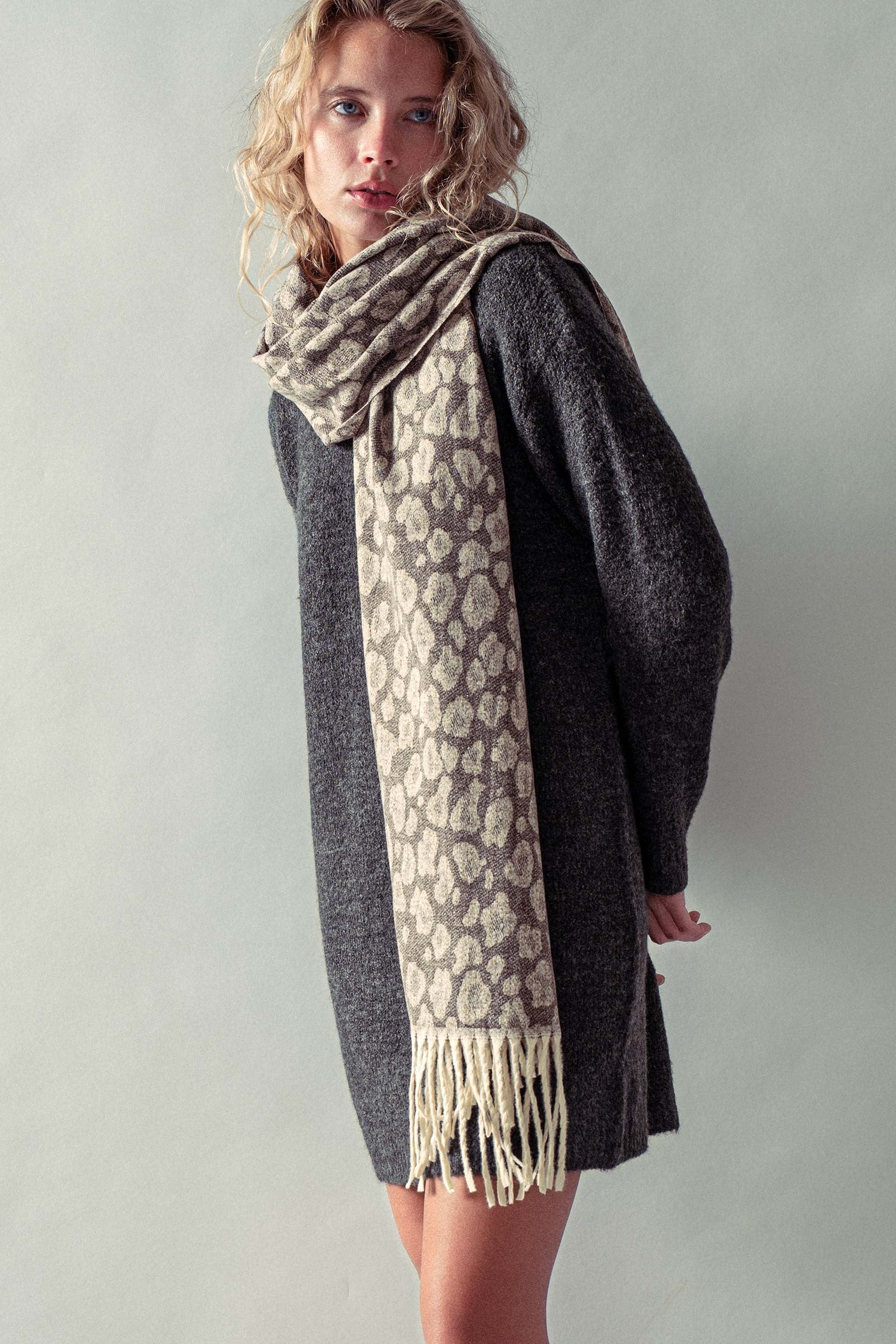 Leopard Jacquard Knit Fringe Scarf in Taupe - Women's Long Scarves | Urban Daizy