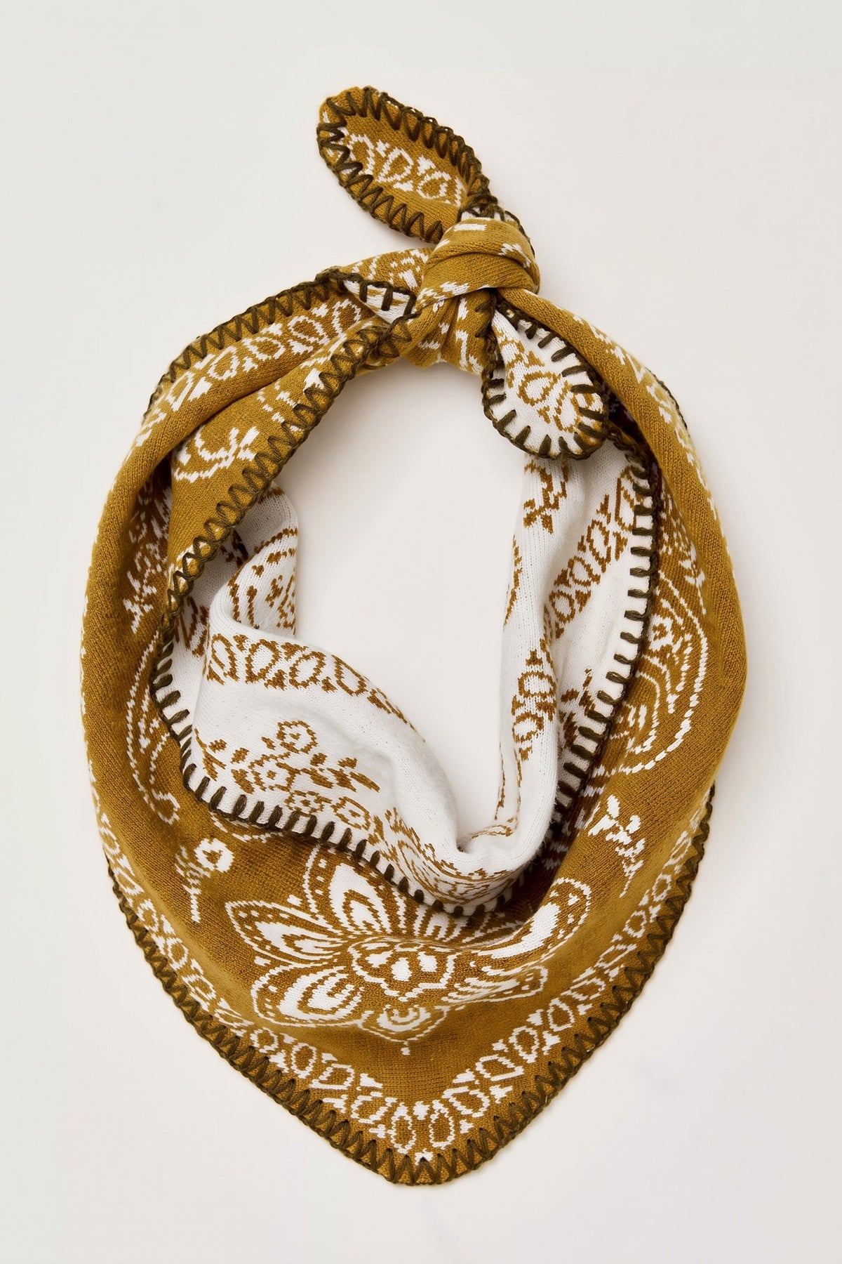 Heirloom Paisley Knitted Triangle Bandana Scarf in Mustard - Women's Square Scarves | Urban Daizy