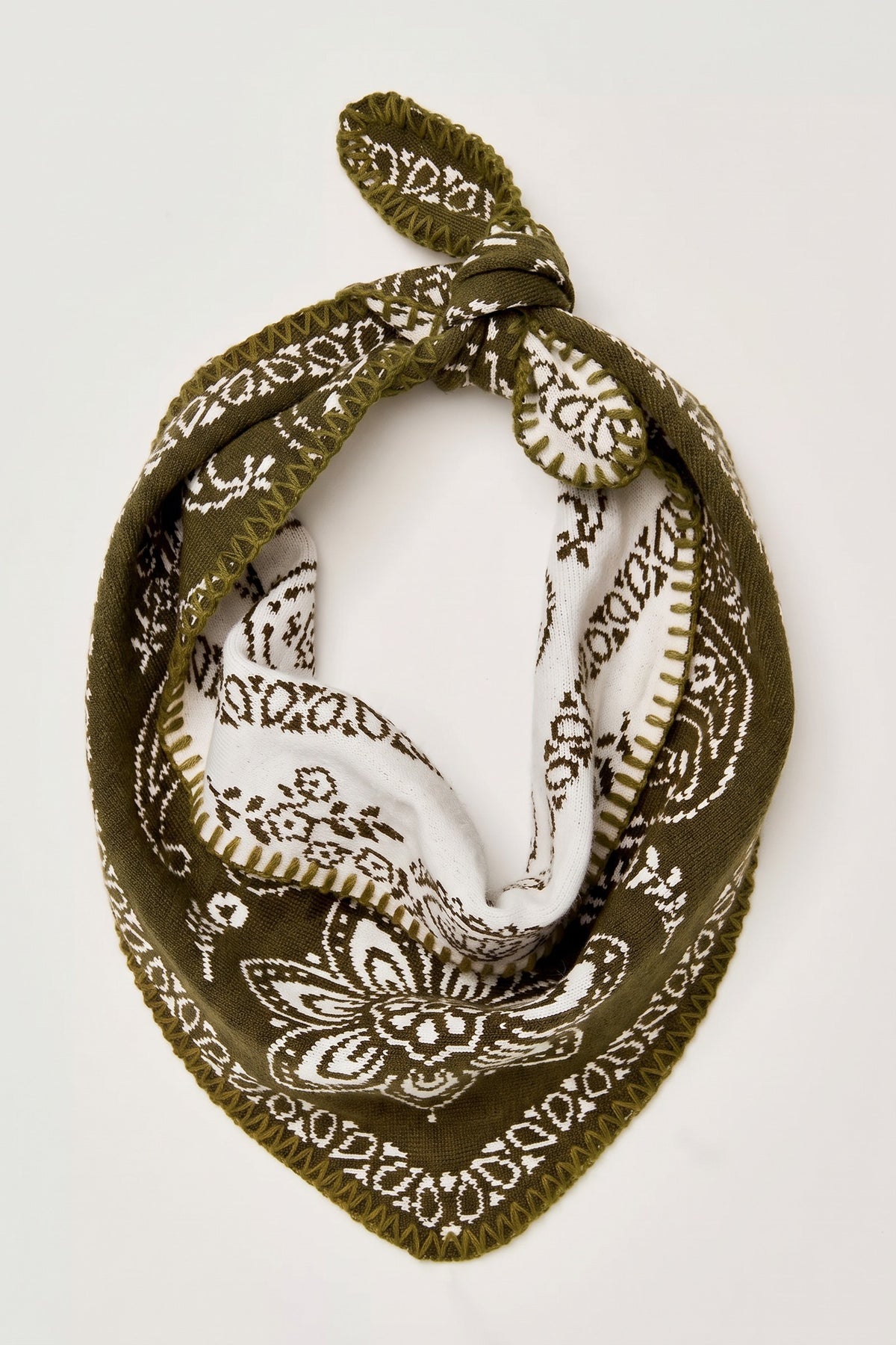 Heirloom Paisley Knitted Triangle Bandana Scarf in Olive - Women's Square Scarves | Urban Daizy