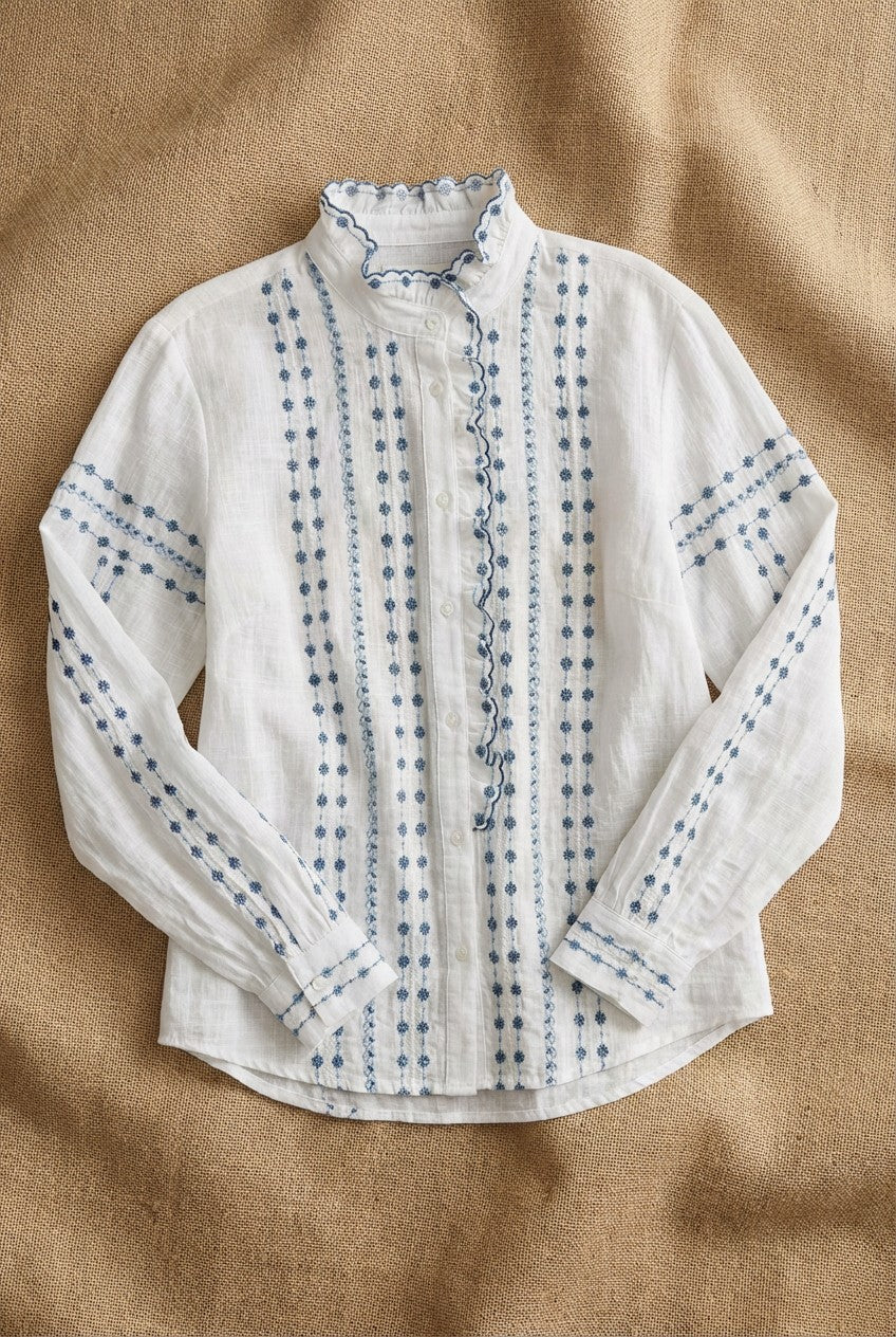 Cotton Embroidered Ruffle Neck Blouse in Ivory Blue - Women's Blankets | Urban Daizy