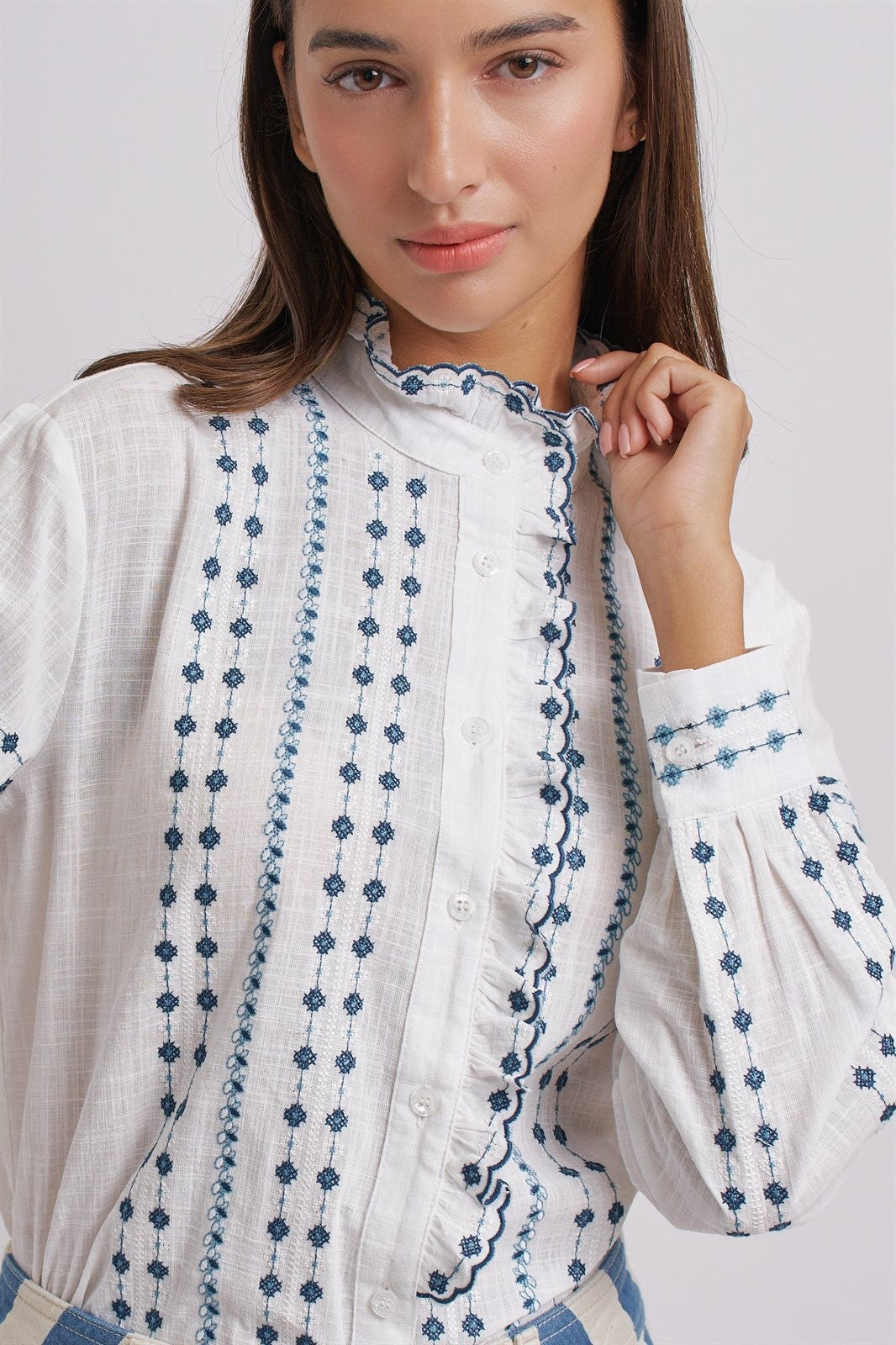 Cotton Embroidered Ruffle Neck Blouse in Ivory Blue - Women's Blankets | Urban Daizy