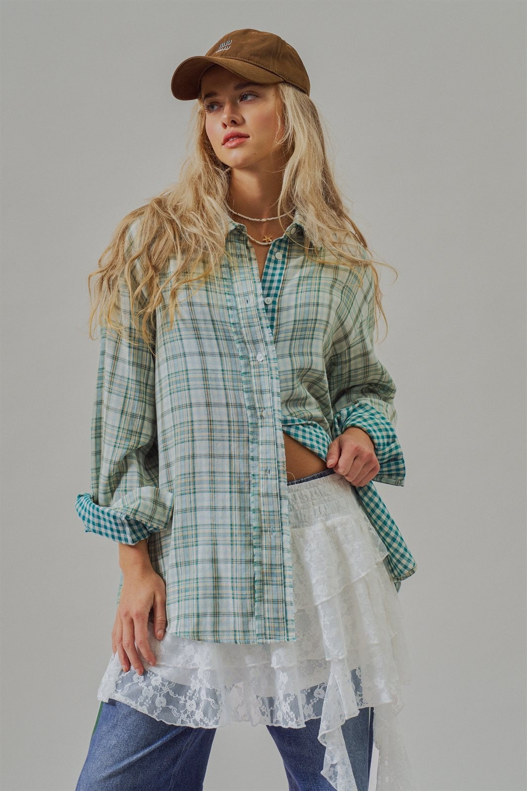 Double Gauze Plaid Oversized Button-Down Shirt in Green - Women's Blankets | Urban Daizy