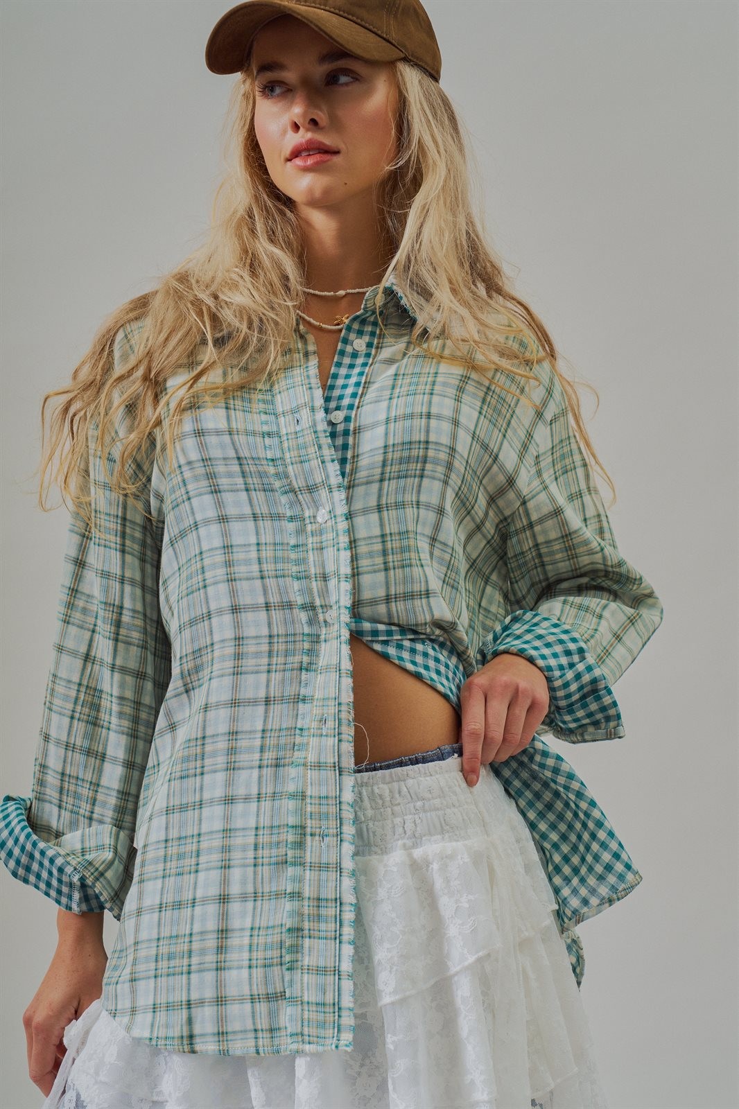 Double Gauze Plaid Oversized Button-Down Shirt in Green - Women's Blankets | Urban Daizy