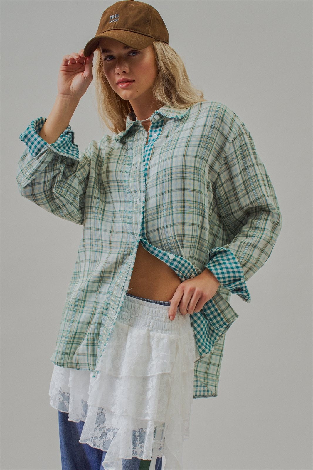 Double Gauze Plaid Oversized Button-Down Shirt in Green - Women's Blankets | Urban Daizy