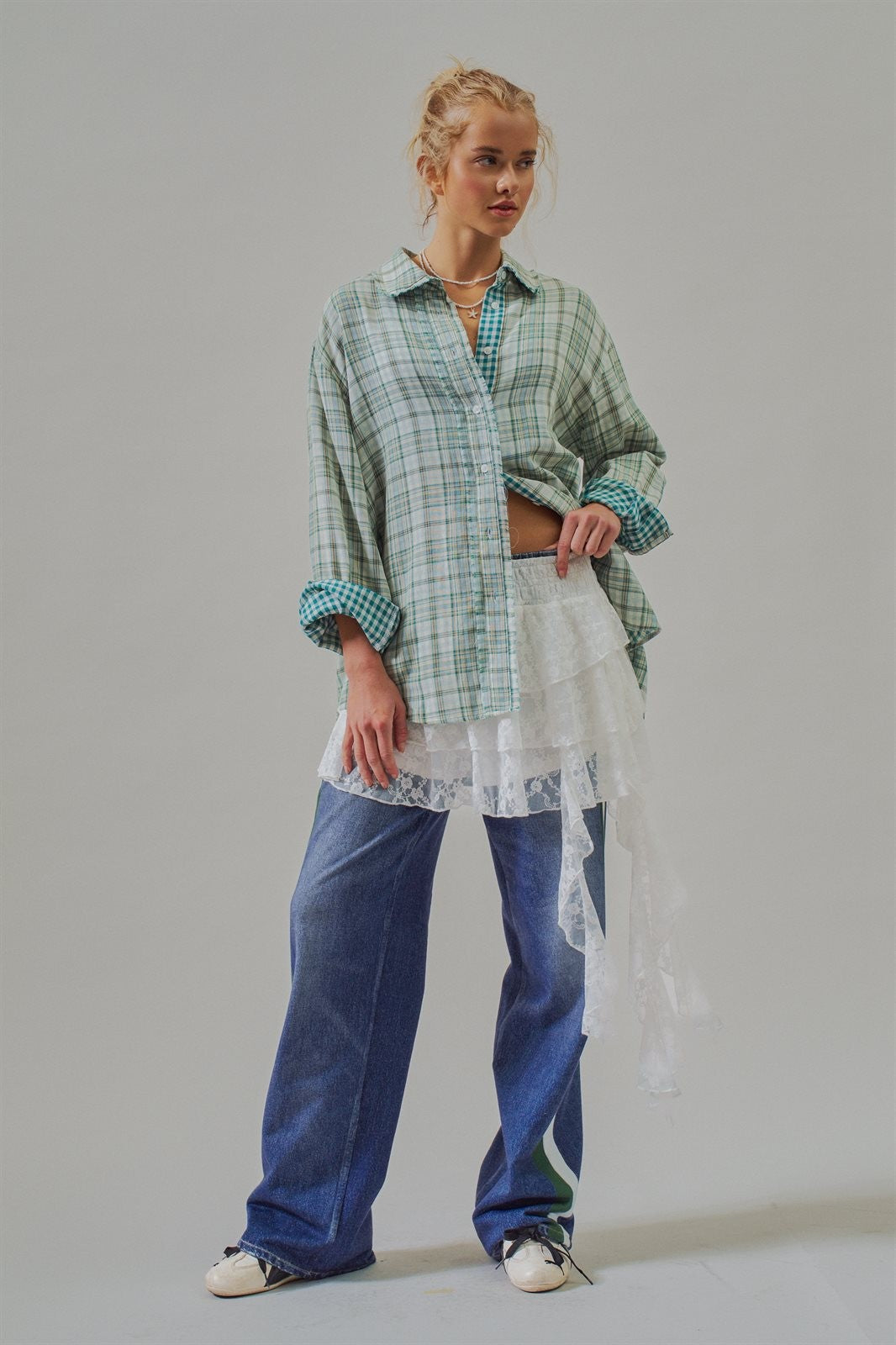 Double Gauze Plaid Oversized Button-Down Shirt in Green - Women's Blankets | Urban Daizy