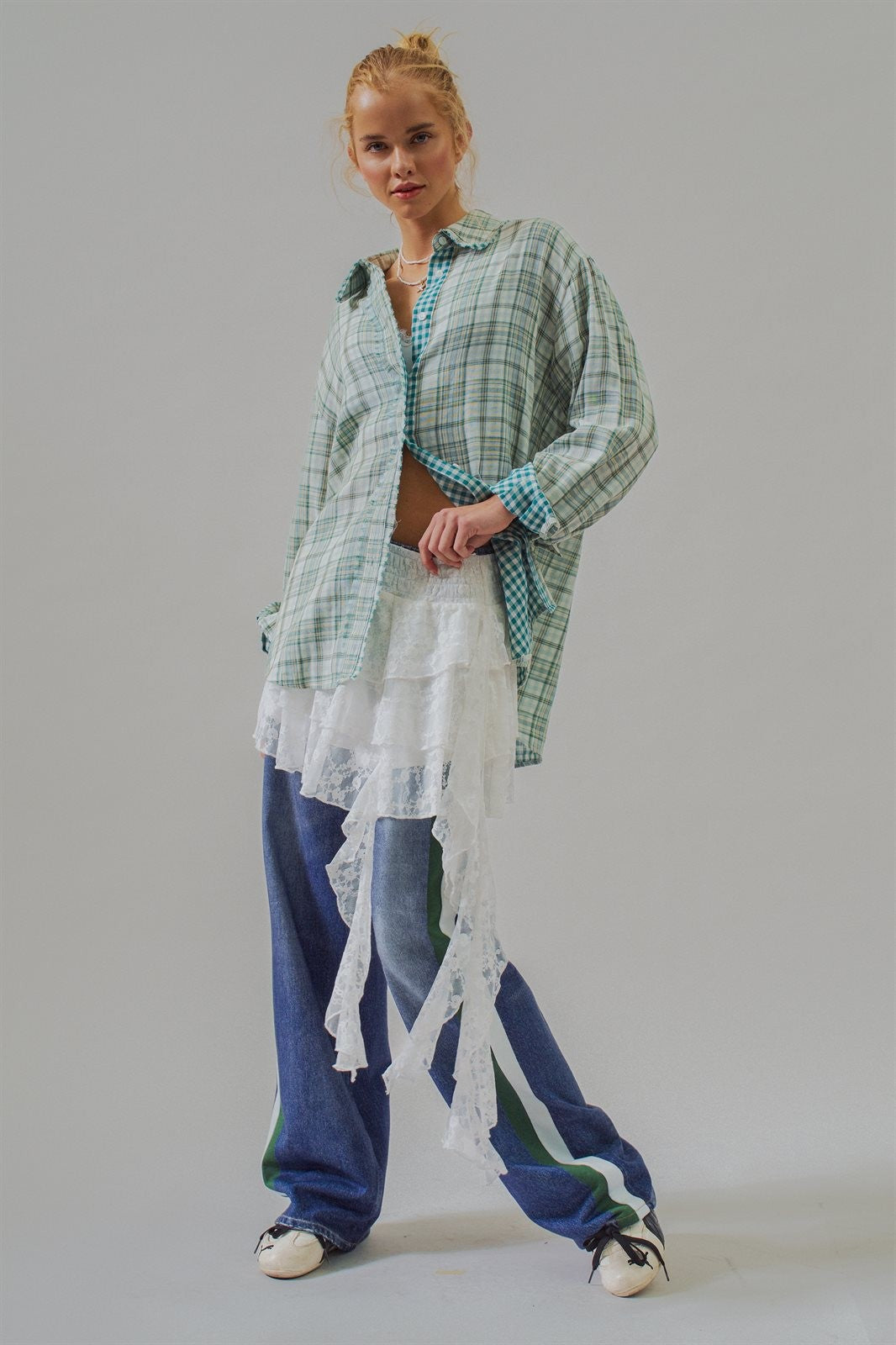 Double Gauze Plaid Oversized Button-Down Shirt in Green - Women's Blankets | Urban Daizy
