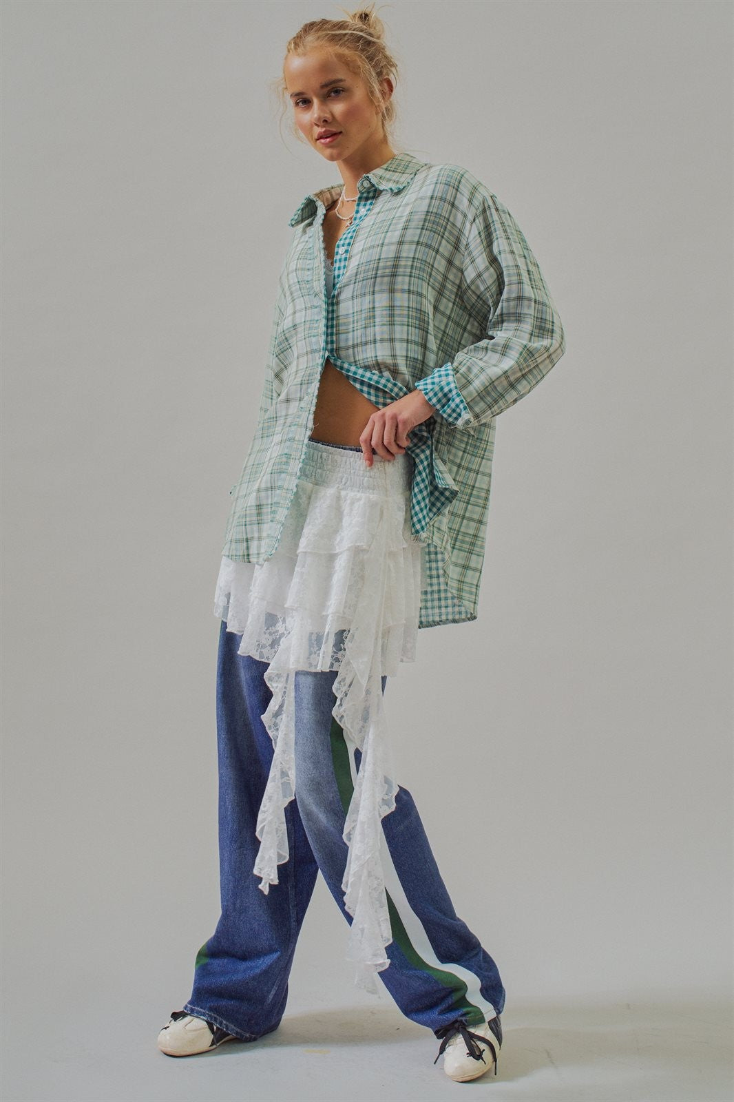 Double Gauze Plaid Oversized Button-Down Shirt in Green - Women's Blankets | Urban Daizy
