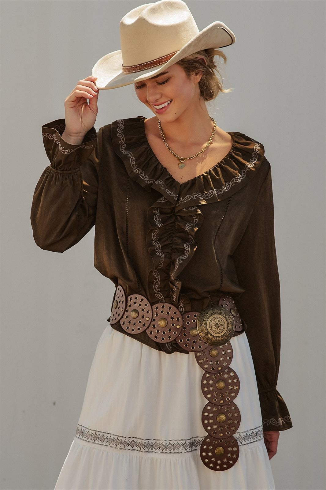 Embroidered Ruffle Western Blouse with Balloon Sleeves in Brown - Women's Blankets | Urban Daizy