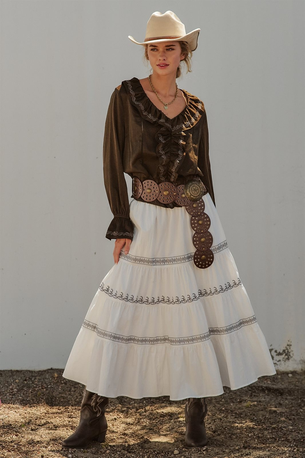 Embroidered Ruffle Western Blouse with Balloon Sleeves in Brown - Women's Blankets | Urban Daizy