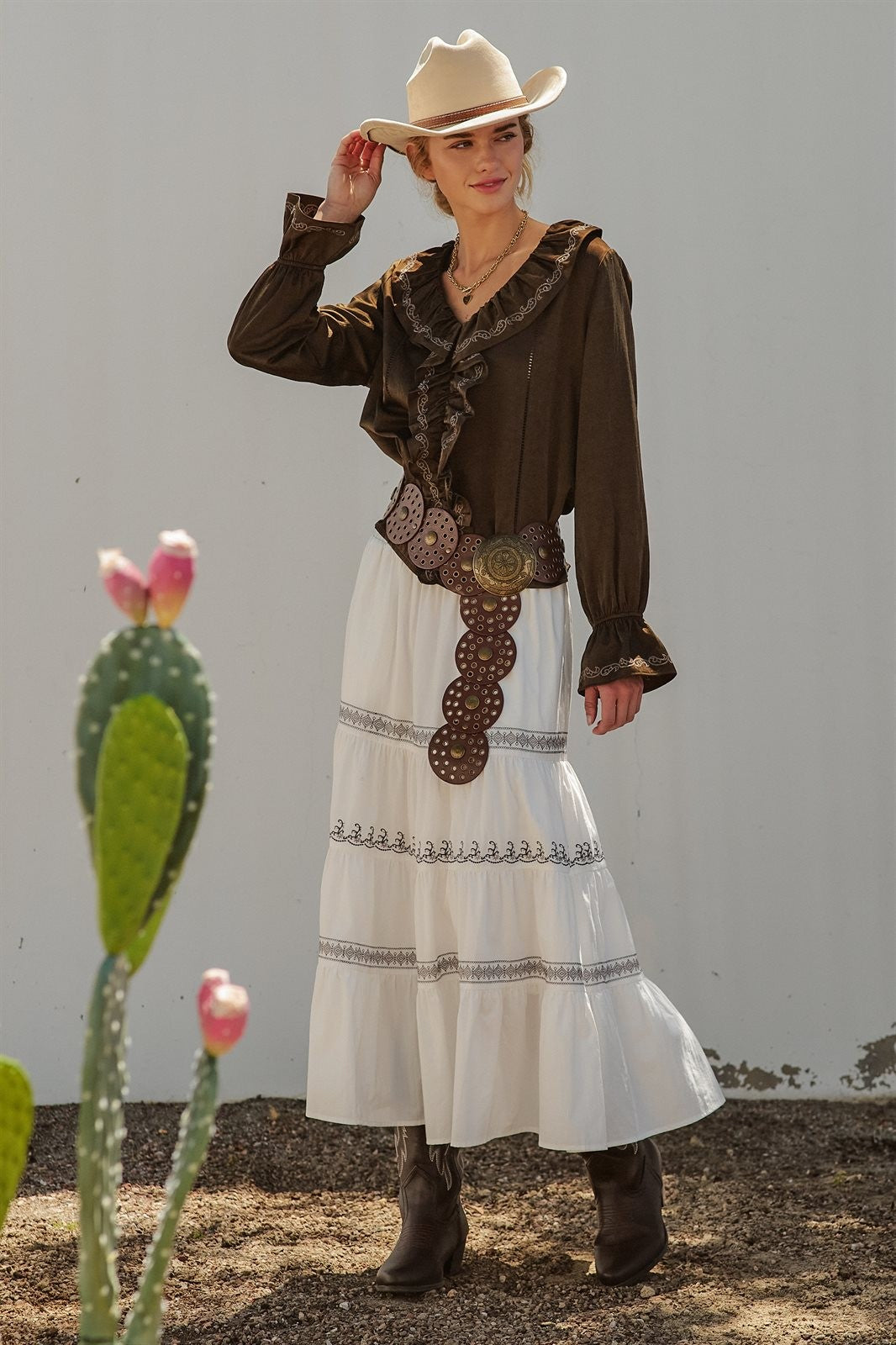Embroidered Ruffle Western Blouse with Balloon Sleeves in Brown - Women's Blankets | Urban Daizy