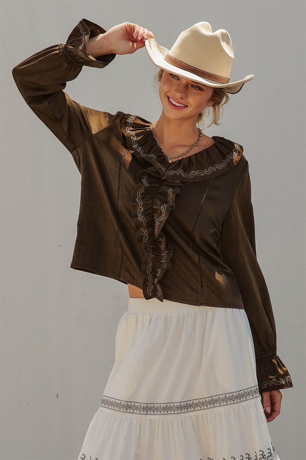 Embroidered Ruffle Western Blouse with Balloon Sleeves in Brown - Women's Blankets | Urban Daizy