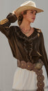 Embroidered Ruffle Western Blouse with Balloon Sleeves in Brown - Women's Blankets | Urban Daizy