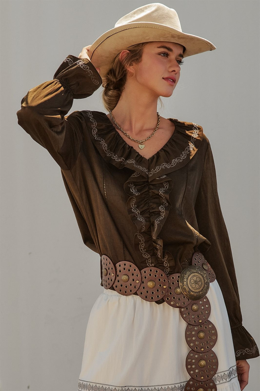Embroidered Ruffle Western Blouse with Balloon Sleeves in Brown - Women's Blankets | Urban Daizy