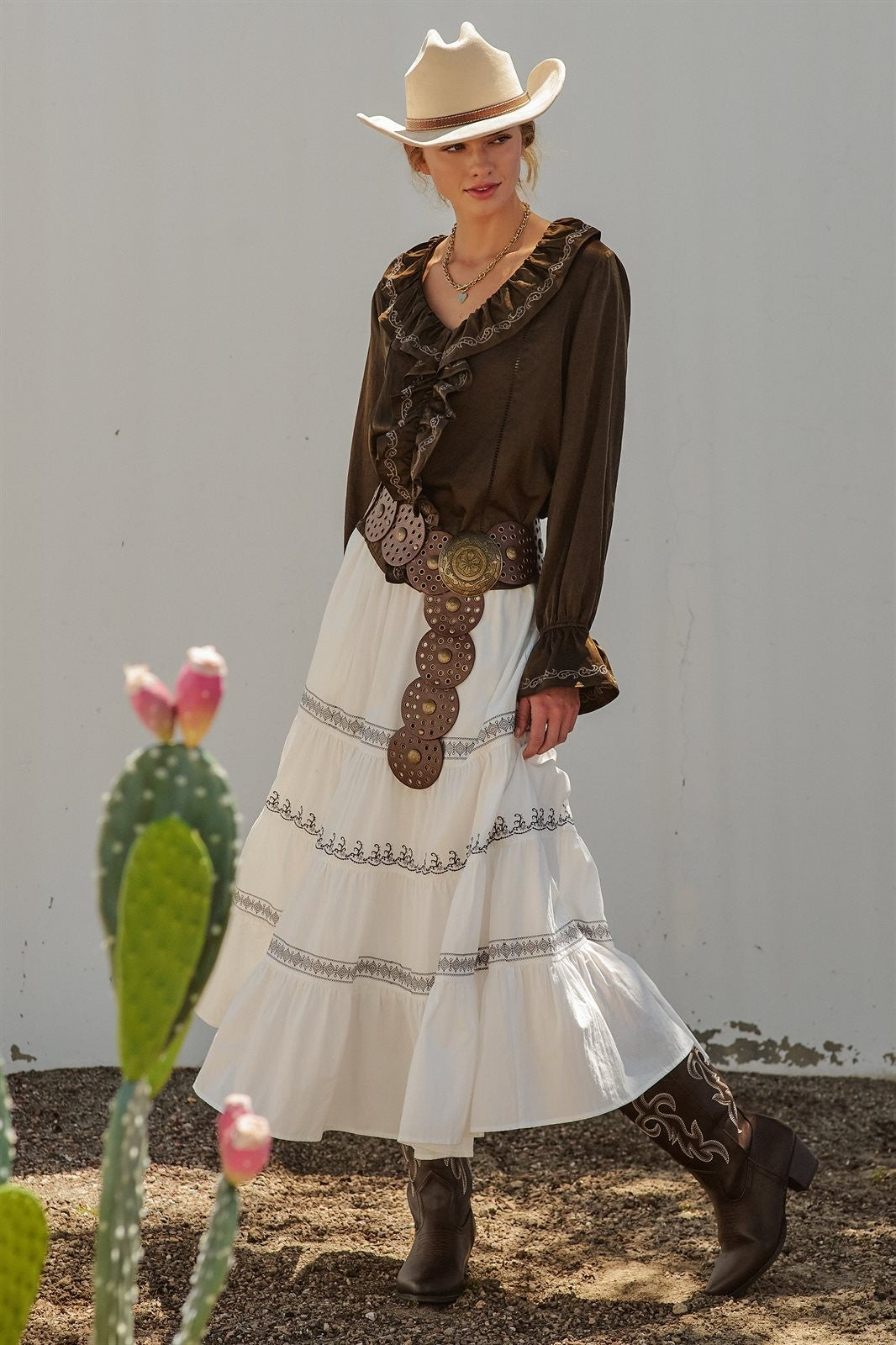 Embroidered Ruffle Western Blouse with Balloon Sleeves in Brown - Women's Blankets | Urban Daizy