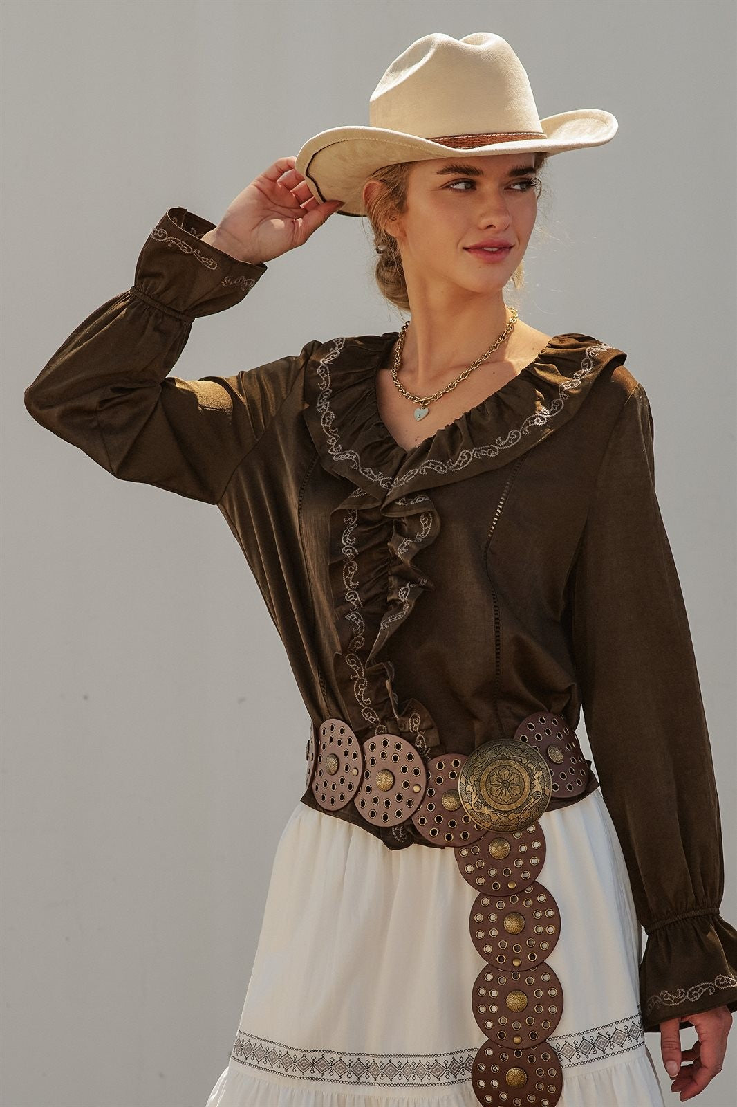 Embroidered Ruffle Western Blouse with Balloon Sleeves in Brown - Women's Blankets | Urban Daizy