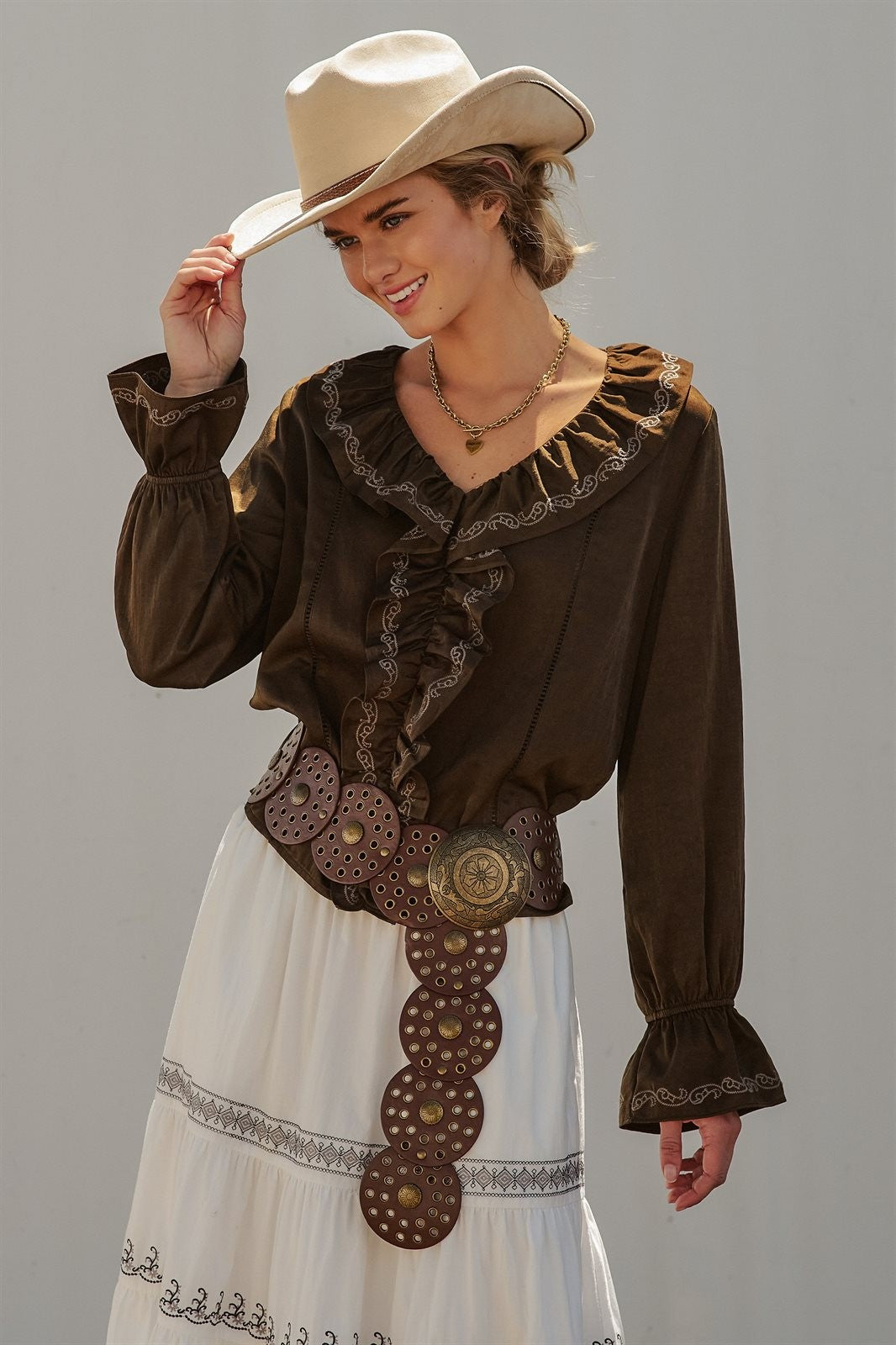 Embroidered Ruffle Western Blouse with Balloon Sleeves in Brown - Women's Blankets | Urban Daizy