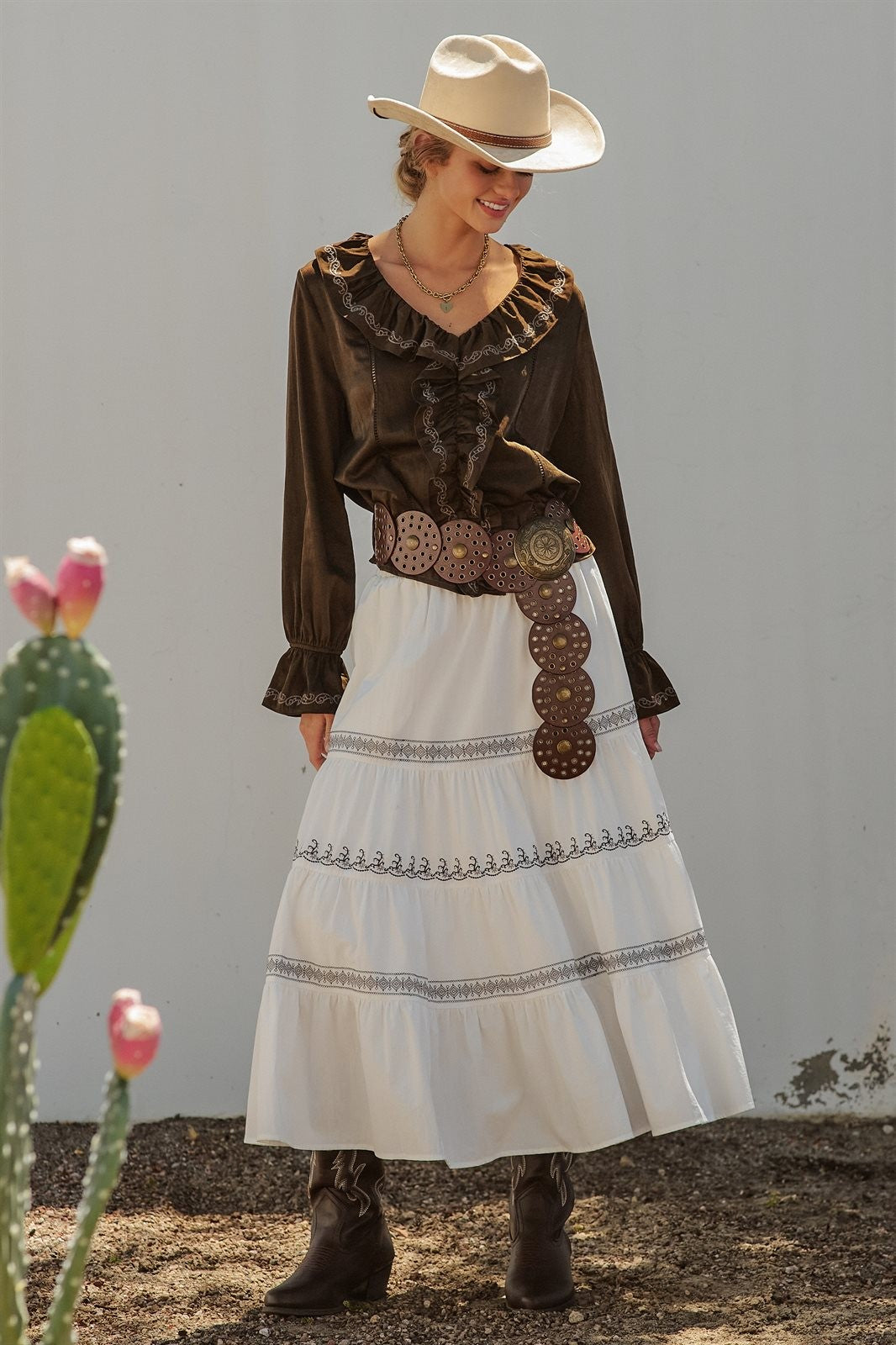 Embroidered Ruffle Western Blouse with Balloon Sleeves in Brown - Women's Blankets | Urban Daizy
