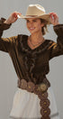 Embroidered Ruffle Western Blouse with Balloon Sleeves in Brown - Women's Blankets | Urban Daizy