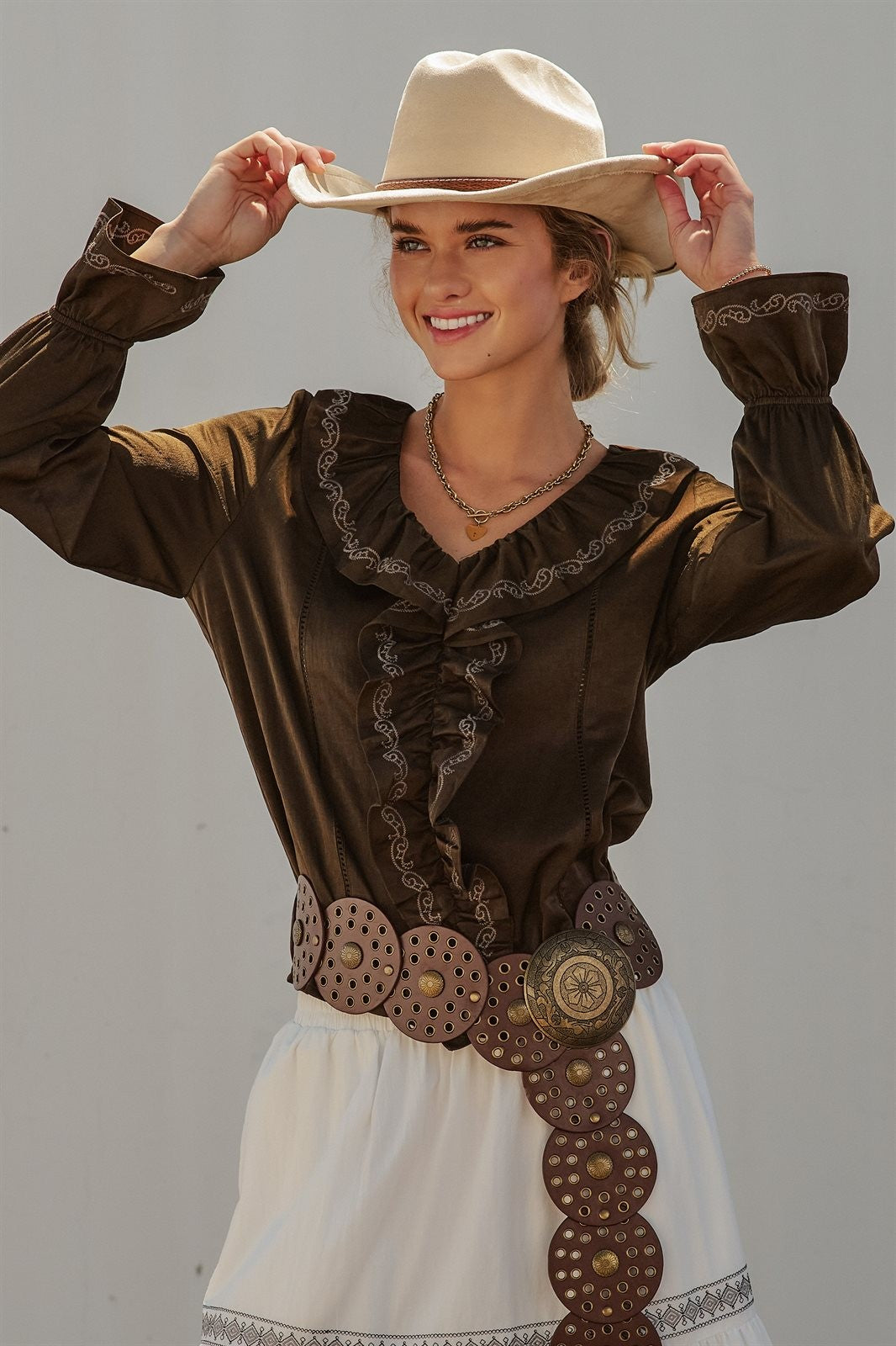 Embroidered Ruffle Western Blouse with Balloon Sleeves in Brown - Women's Blankets | Urban Daizy