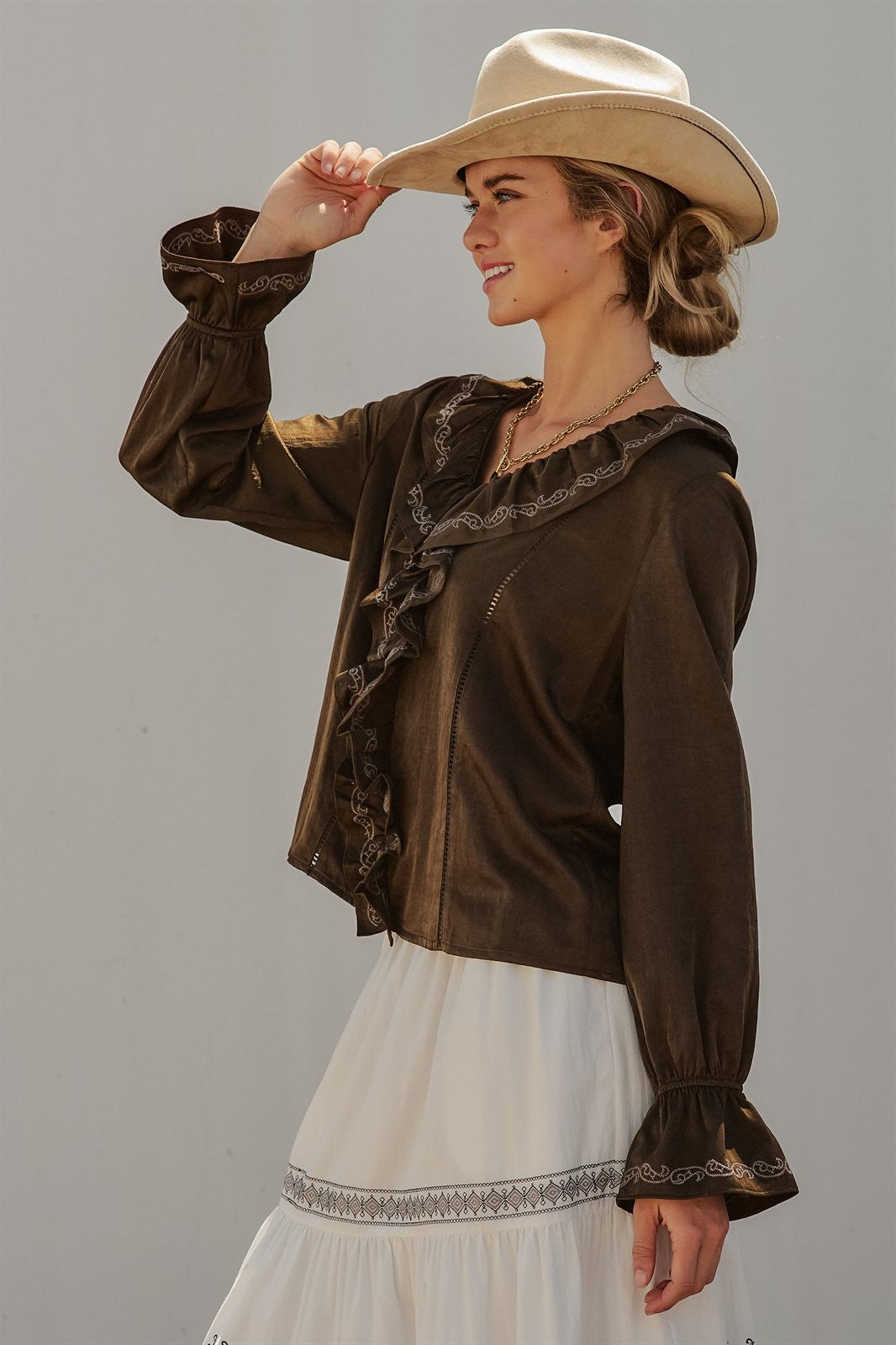 Embroidered Ruffle Western Blouse with Balloon Sleeves in Brown - Women's Blankets | Urban Daizy