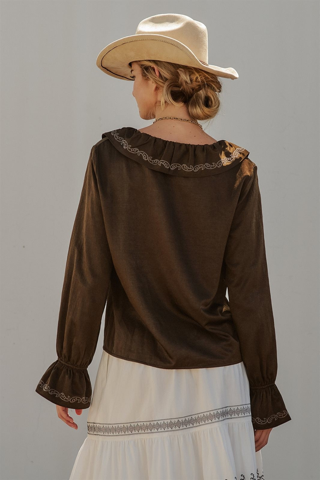 Embroidered Ruffle Western Blouse with Balloon Sleeves in Brown - Women's Blankets | Urban Daizy
