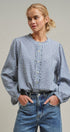 Navy Windowpane Check Ruffle Placket Cotton Blouse in Blue - Women's Blankets | Urban Daizy