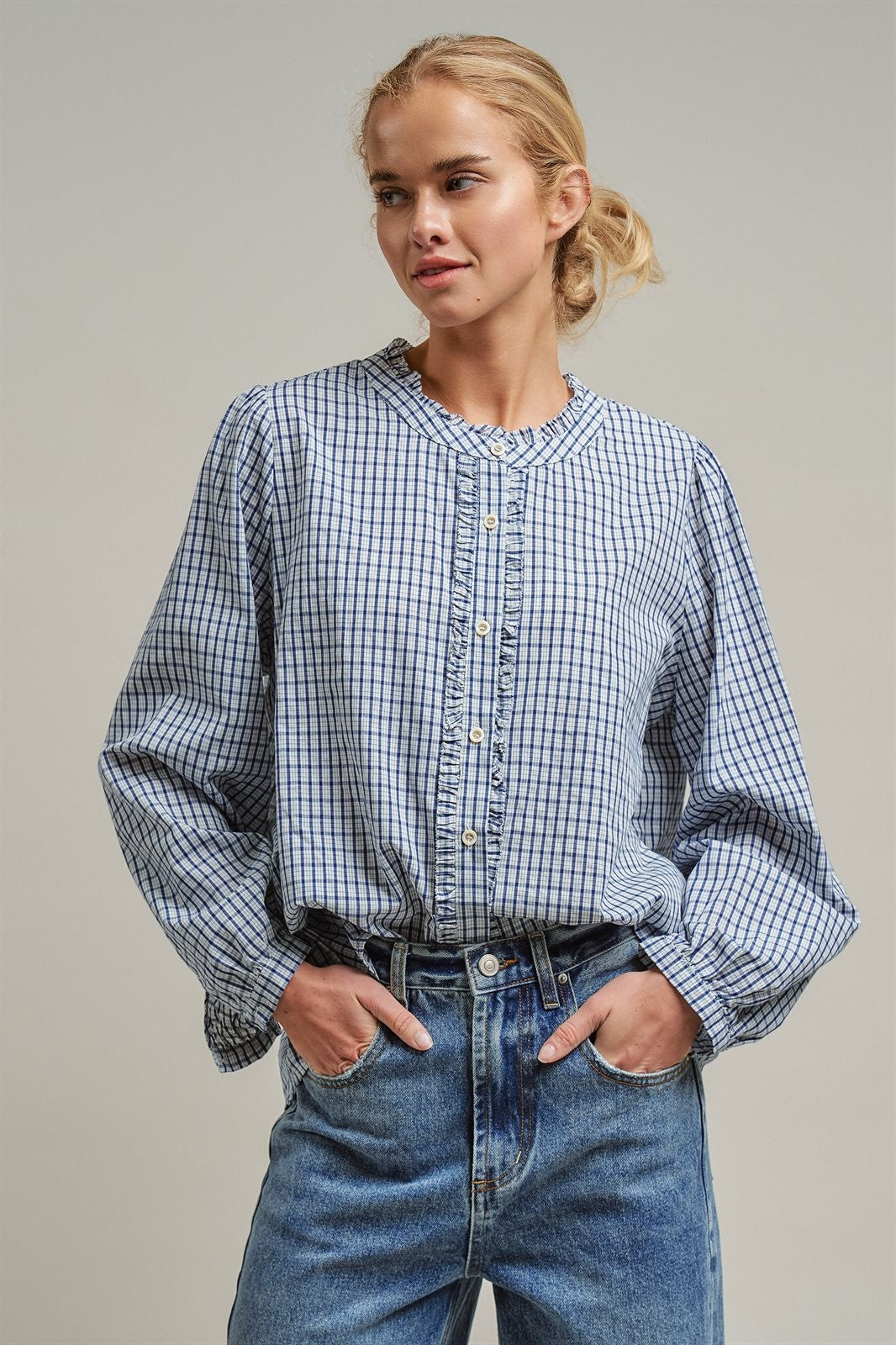 Navy Windowpane Check Ruffle Placket Cotton Blouse in Blue - Women's Blankets | Urban Daizy