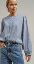 Navy Windowpane Check Ruffle Placket Cotton Blouse in Blue - Women's Blankets | Urban Daizy
