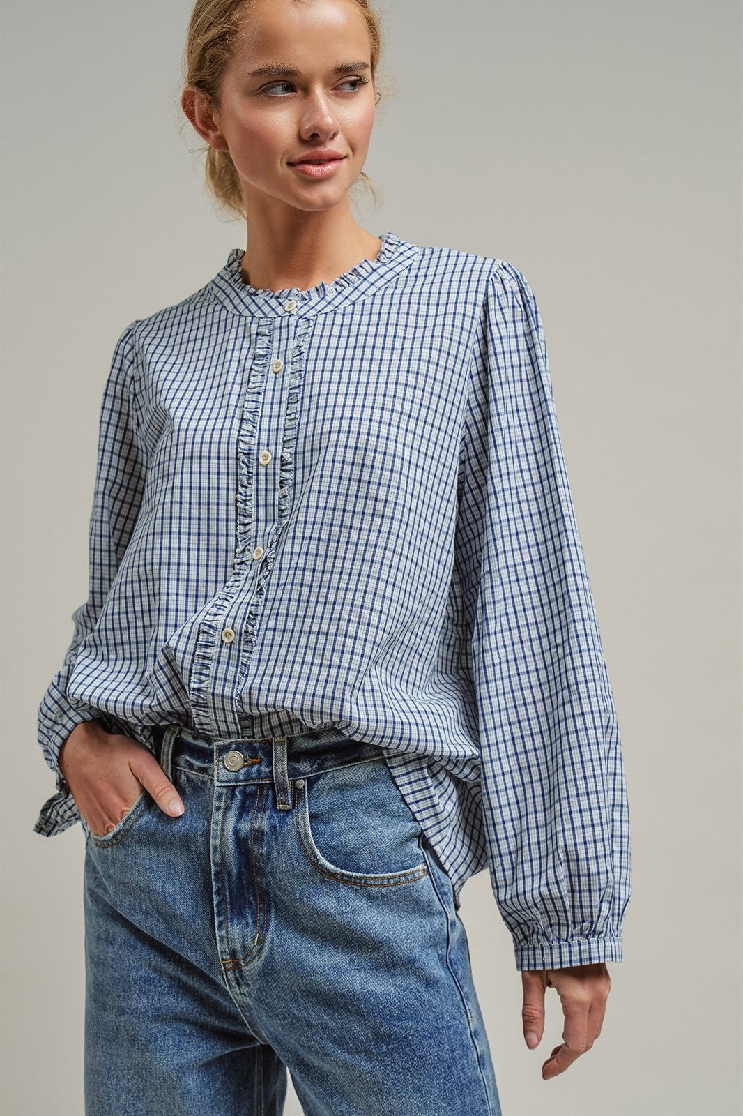 Navy Windowpane Check Ruffle Placket Cotton Blouse in Blue - Women's Blankets | Urban Daizy