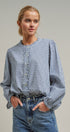 Navy Windowpane Check Ruffle Placket Cotton Blouse in Blue - Women's Blankets | Urban Daizy