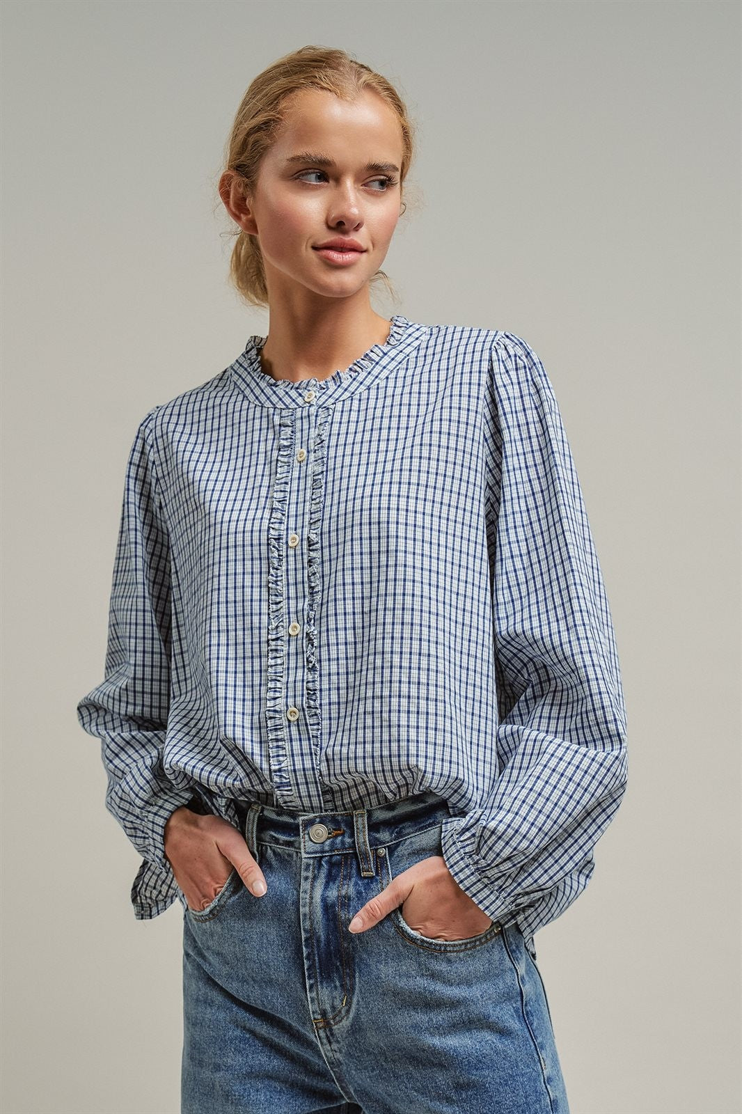 Navy Windowpane Check Ruffle Placket Cotton Blouse in Blue - Women's Blankets | Urban Daizy