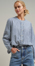 Navy Windowpane Check Ruffle Placket Cotton Blouse in Blue - Women's Blankets | Urban Daizy