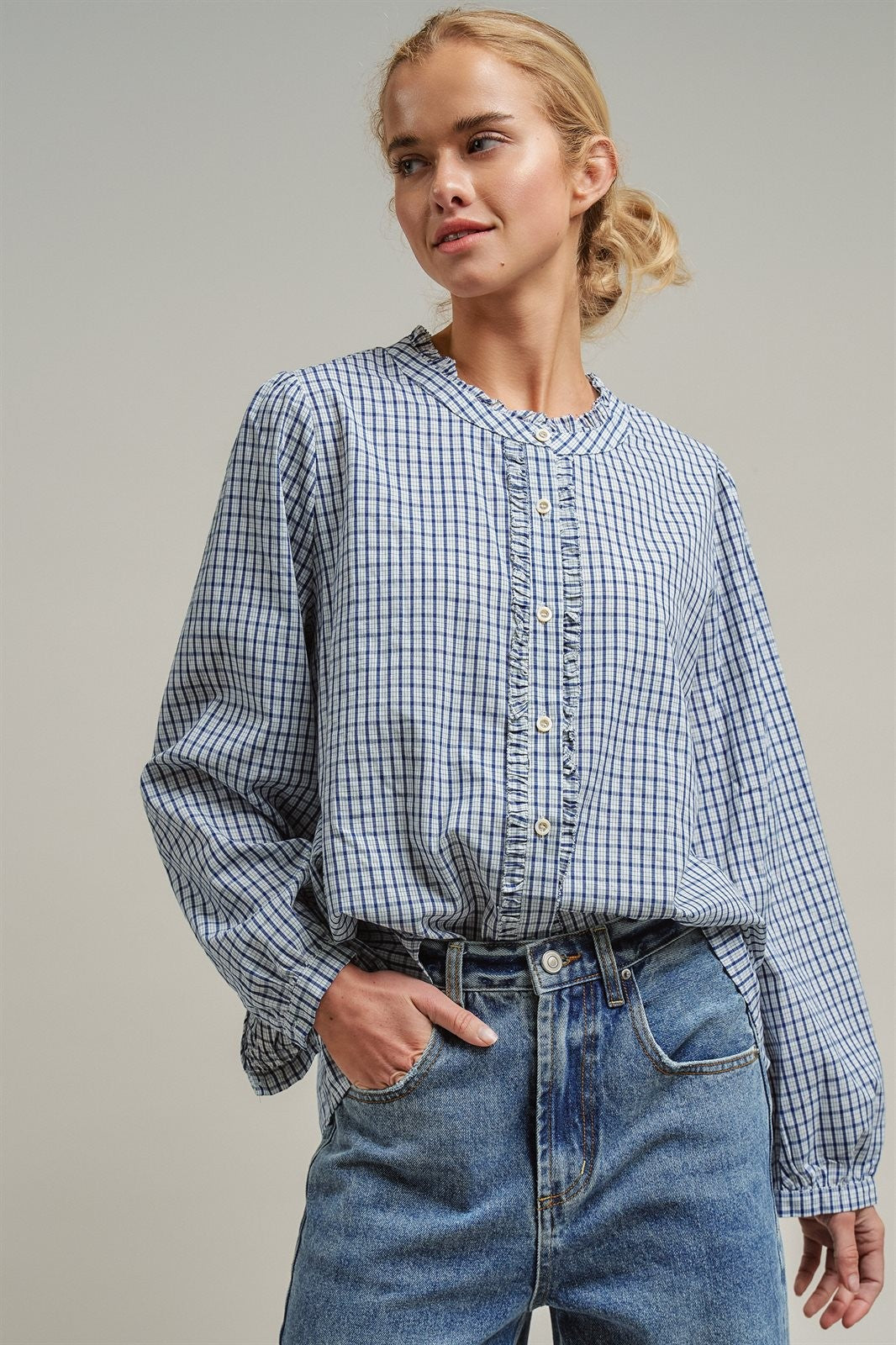 Navy Windowpane Check Ruffle Placket Cotton Blouse in Blue - Women's Blankets | Urban Daizy