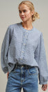 Navy Windowpane Check Ruffle Placket Cotton Blouse in Blue - Women's Blankets | Urban Daizy