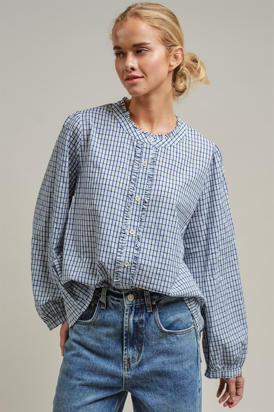 Navy Windowpane Check Ruffle Placket Cotton Blouse in Blue - Women's Blankets | Urban Daizy