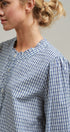 Navy Windowpane Check Ruffle Placket Cotton Blouse in Blue - Women's Blankets | Urban Daizy