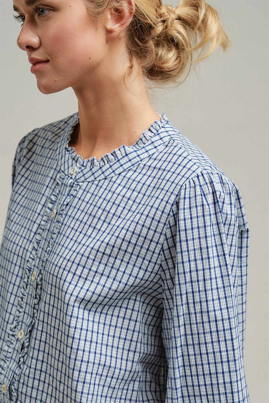 Navy Windowpane Check Ruffle Placket Cotton Blouse in Blue - Women's Blankets | Urban Daizy