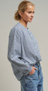 Navy Windowpane Check Ruffle Placket Cotton Blouse in Blue - Women's Blankets | Urban Daizy