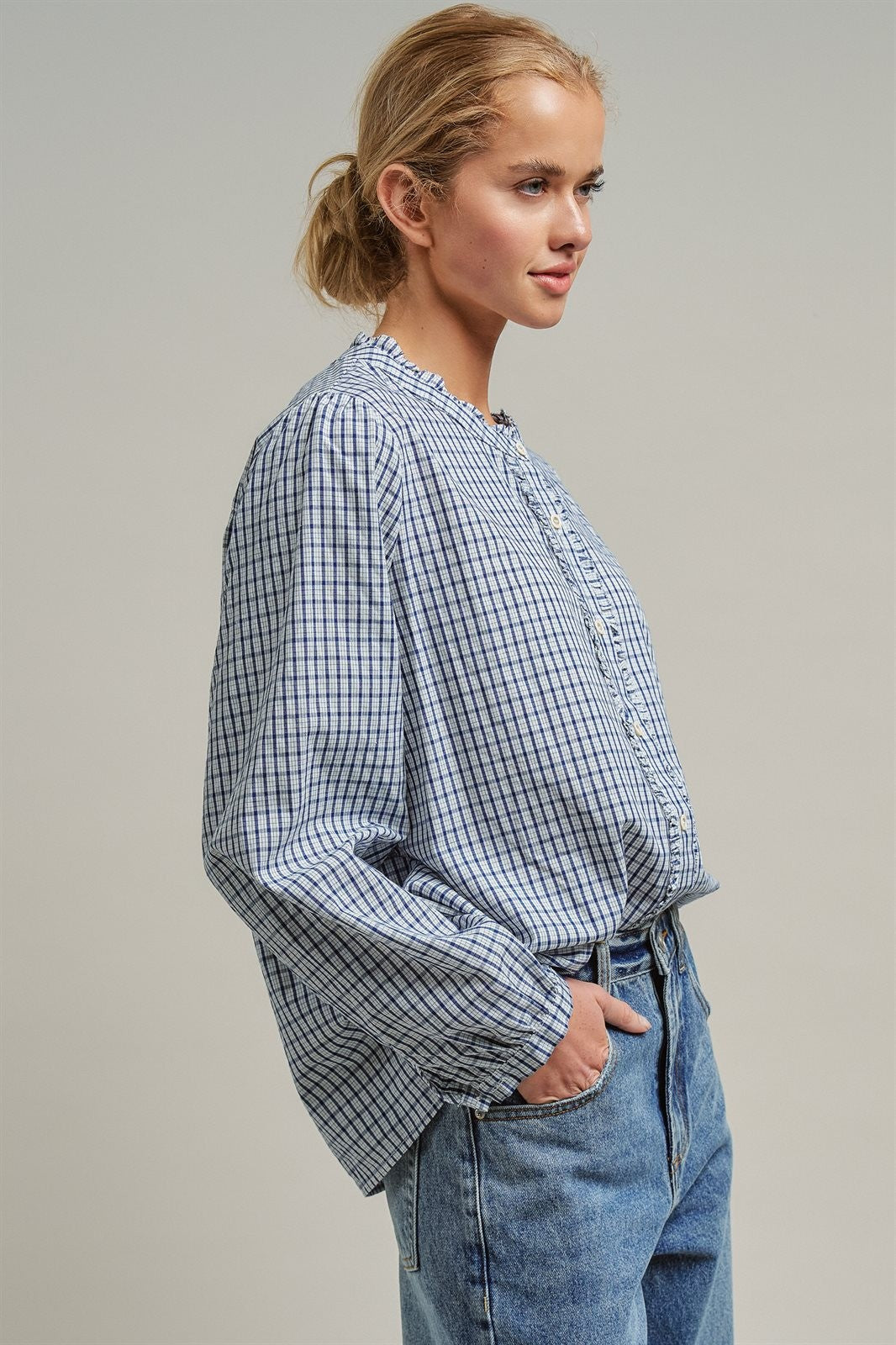 Navy Windowpane Check Ruffle Placket Cotton Blouse in Blue - Women's Blankets | Urban Daizy